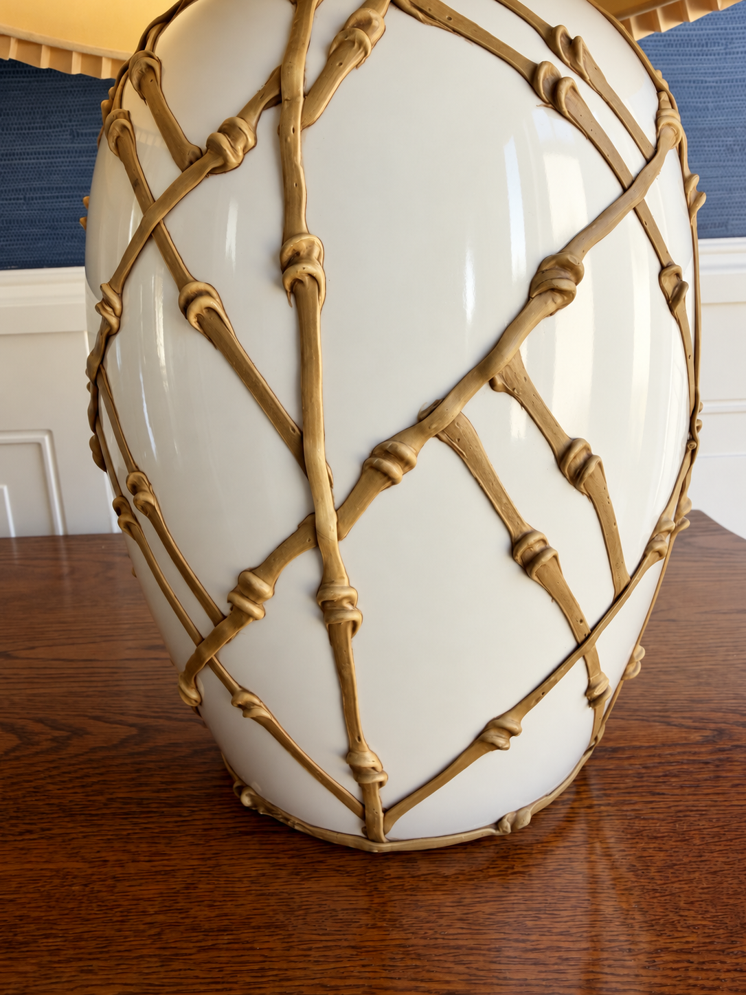 Vintage Faux Bamboo Lattice “Icing” Ceramic Table Lamp | Hollywood Regency Lamp with Pleated Shade
