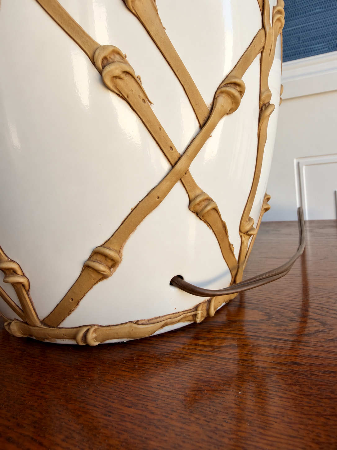 Vintage Faux Bamboo Lattice “Icing” Ceramic Table Lamp | Hollywood Regency Lamp with Pleated Shade