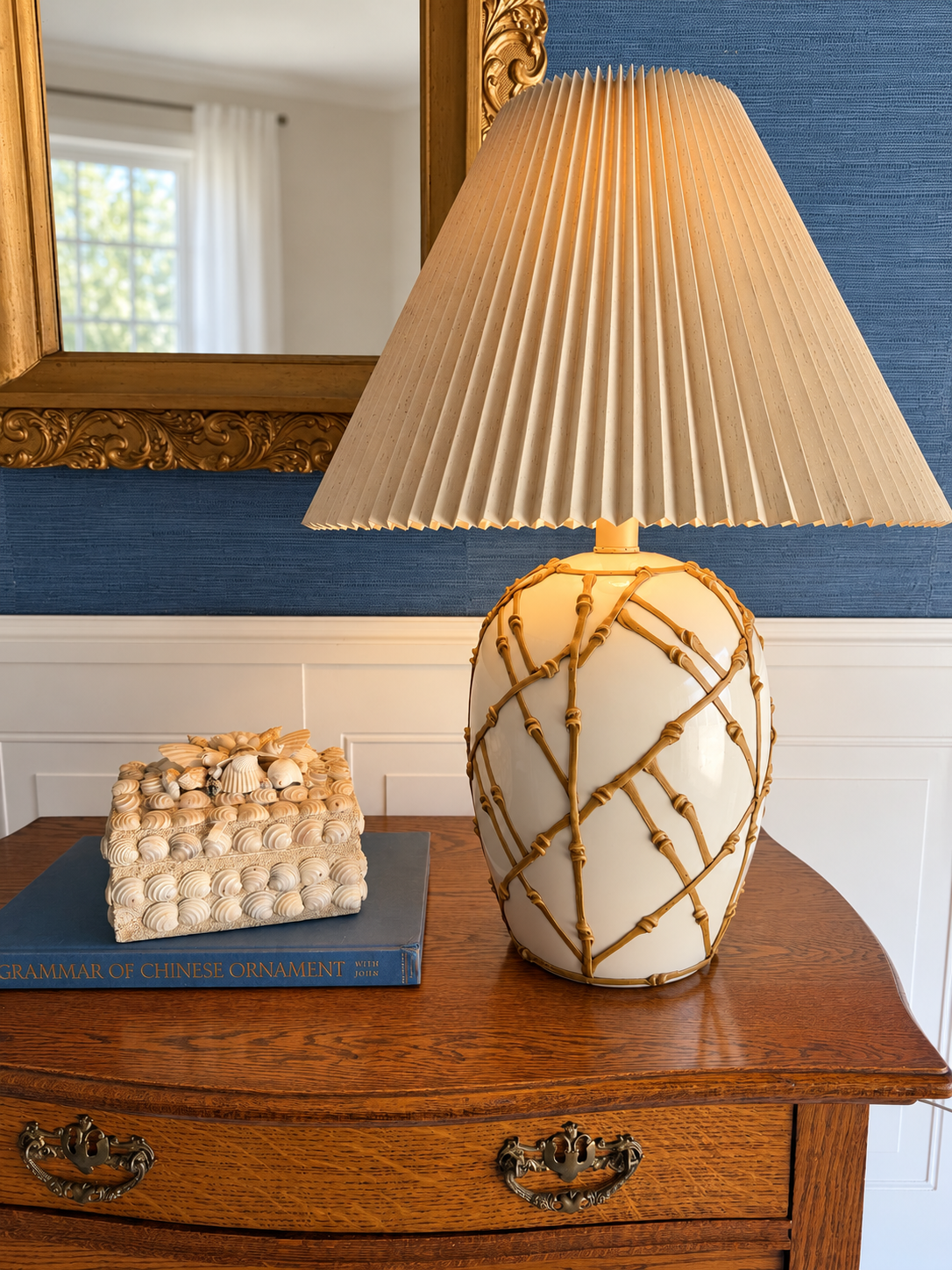 Vintage Faux Bamboo Lattice “Icing” Ceramic Table Lamp | Hollywood Regency Lamp with Pleated Shade