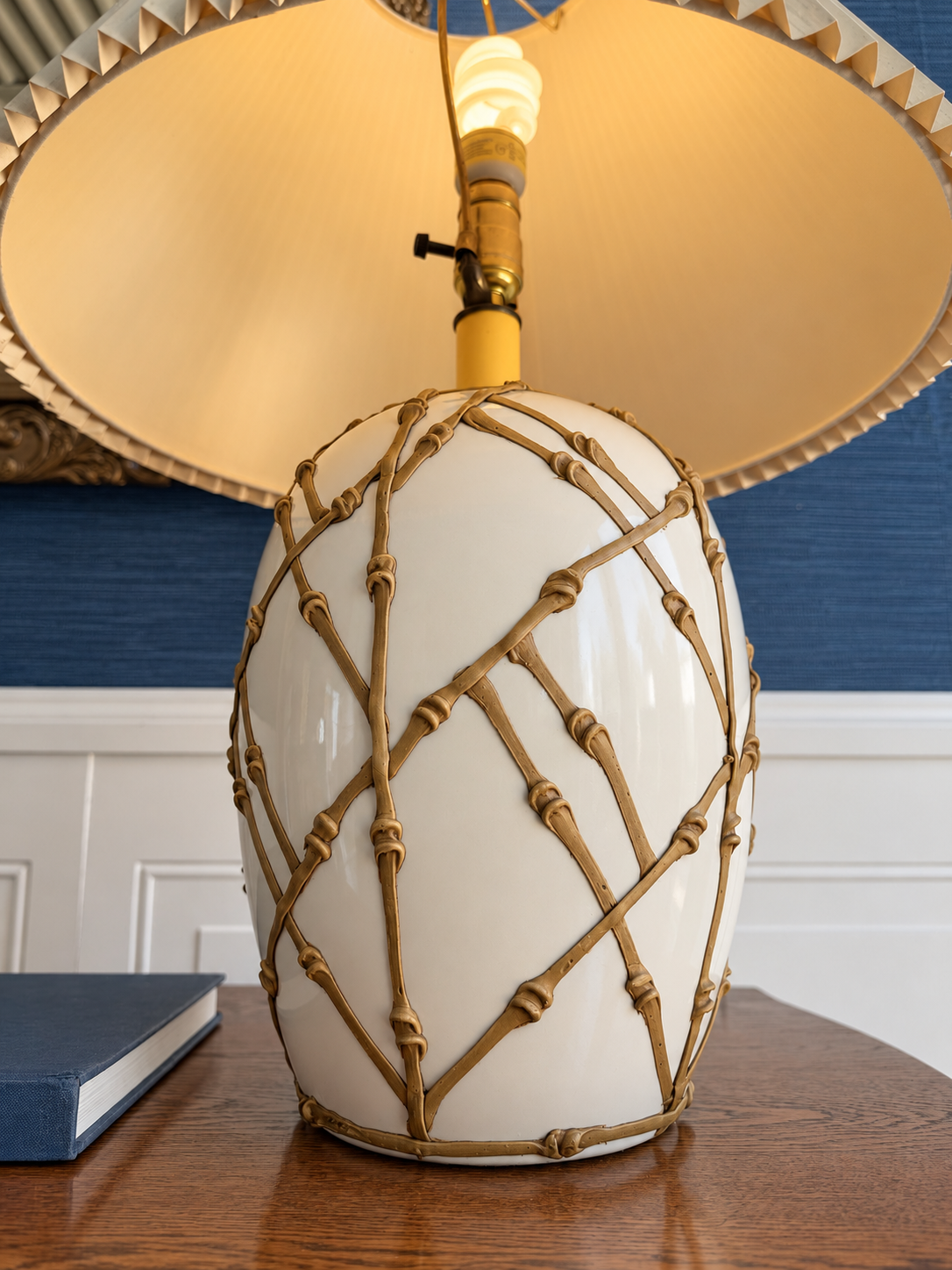 Vintage Faux Bamboo Lattice “Icing” Ceramic Table Lamp | Hollywood Regency Lamp with Pleated Shade