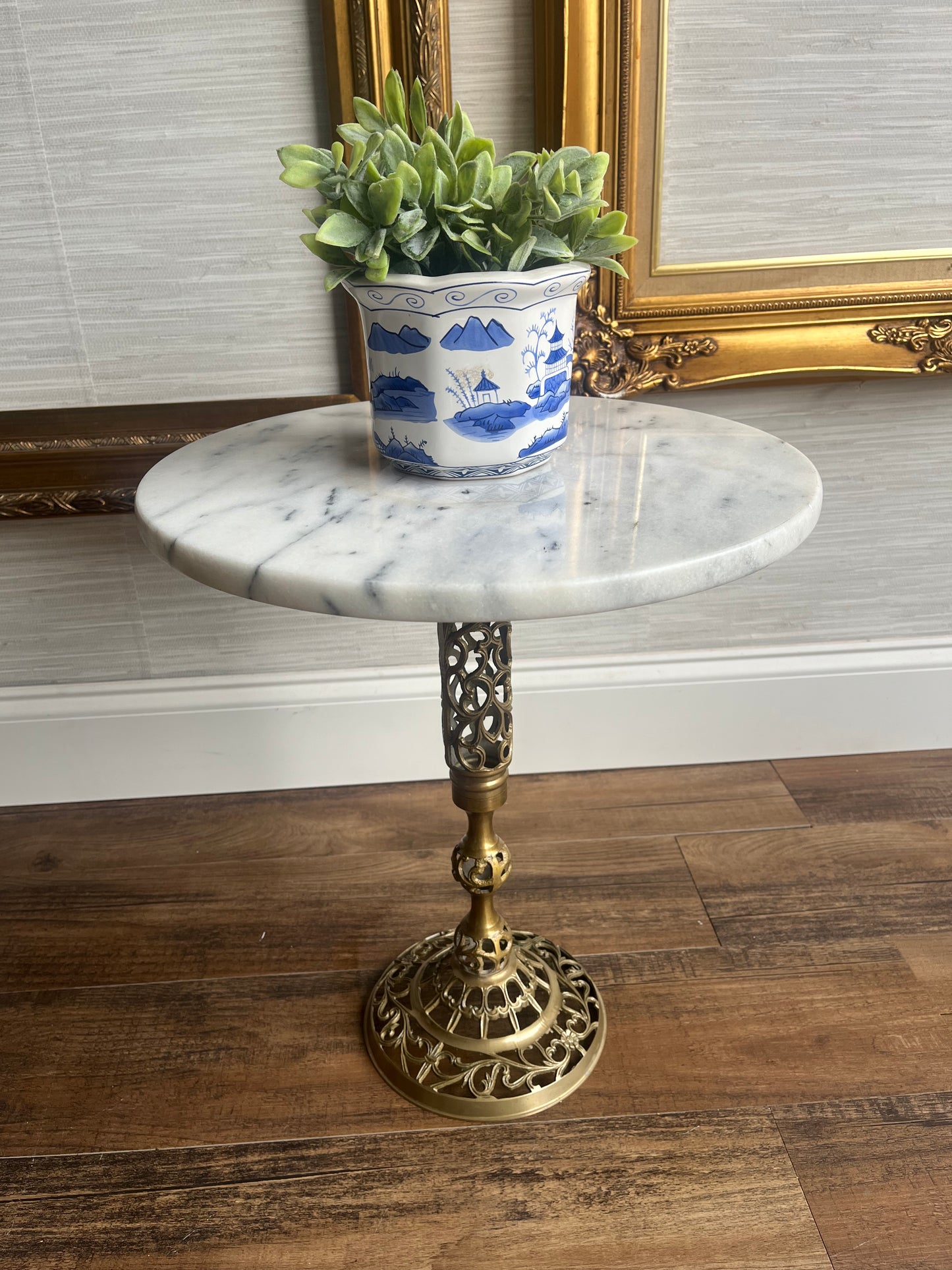 Vintage Reticulated Brass Carrara Marble-Top Accent Table