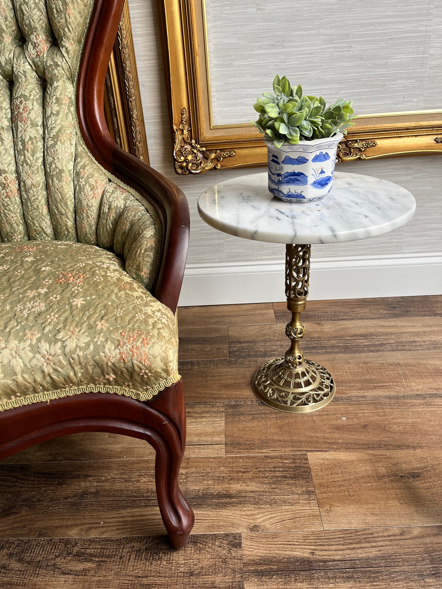 Vintage Reticulated Brass Carrara Marble-Top Accent Table