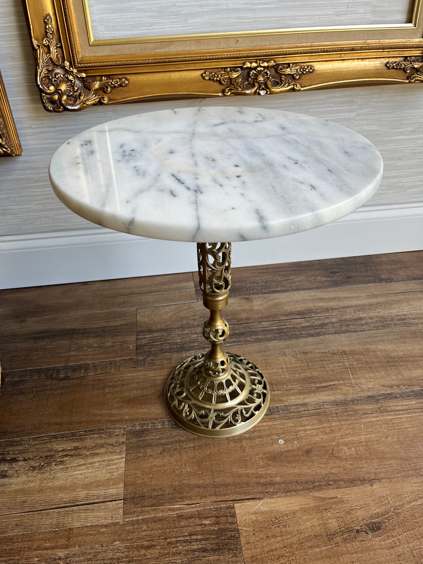 Vintage Reticulated Brass Carrara Marble-Top Accent Table