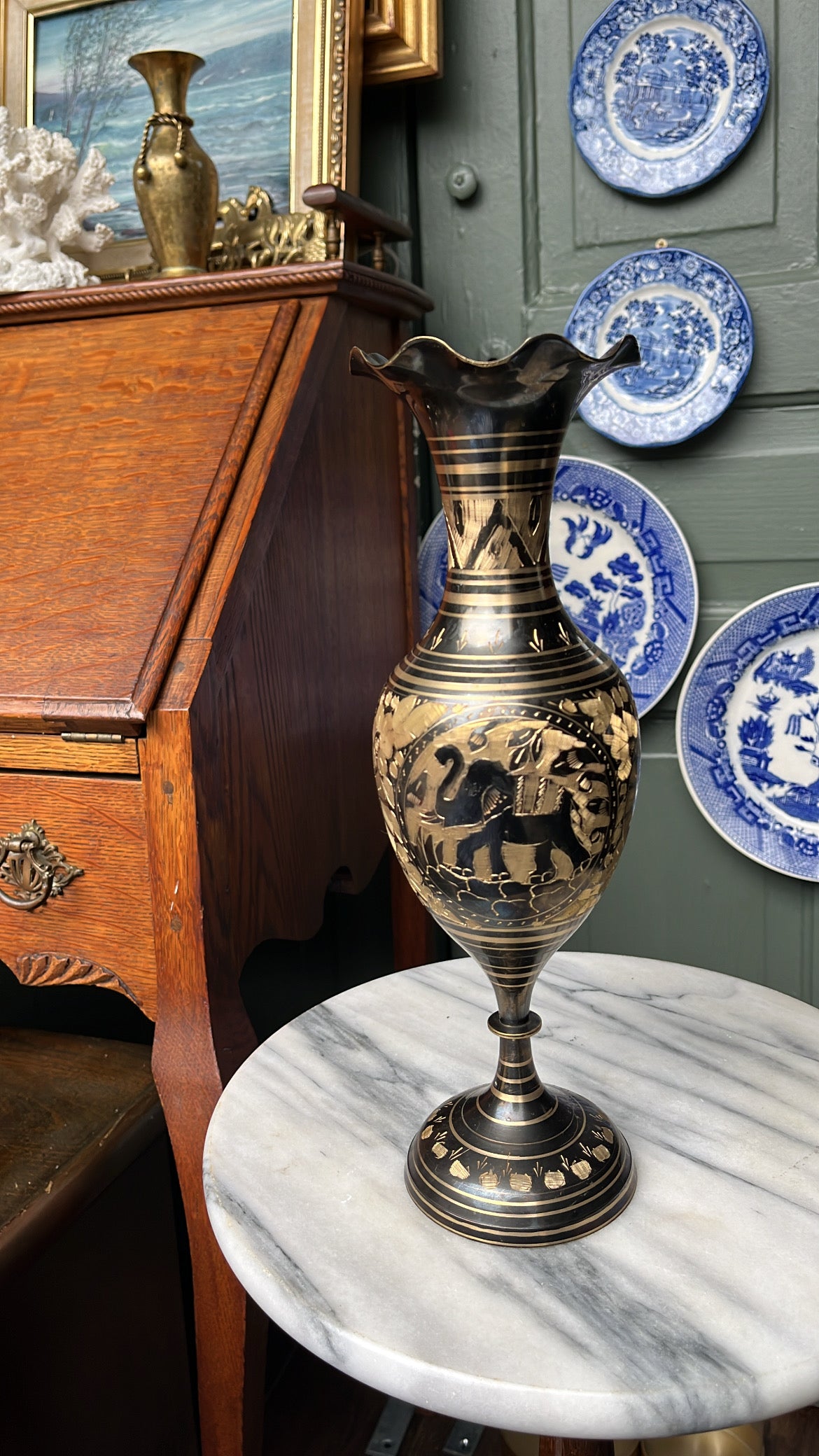 Vintage 1960s Brass Footed Etched Vase