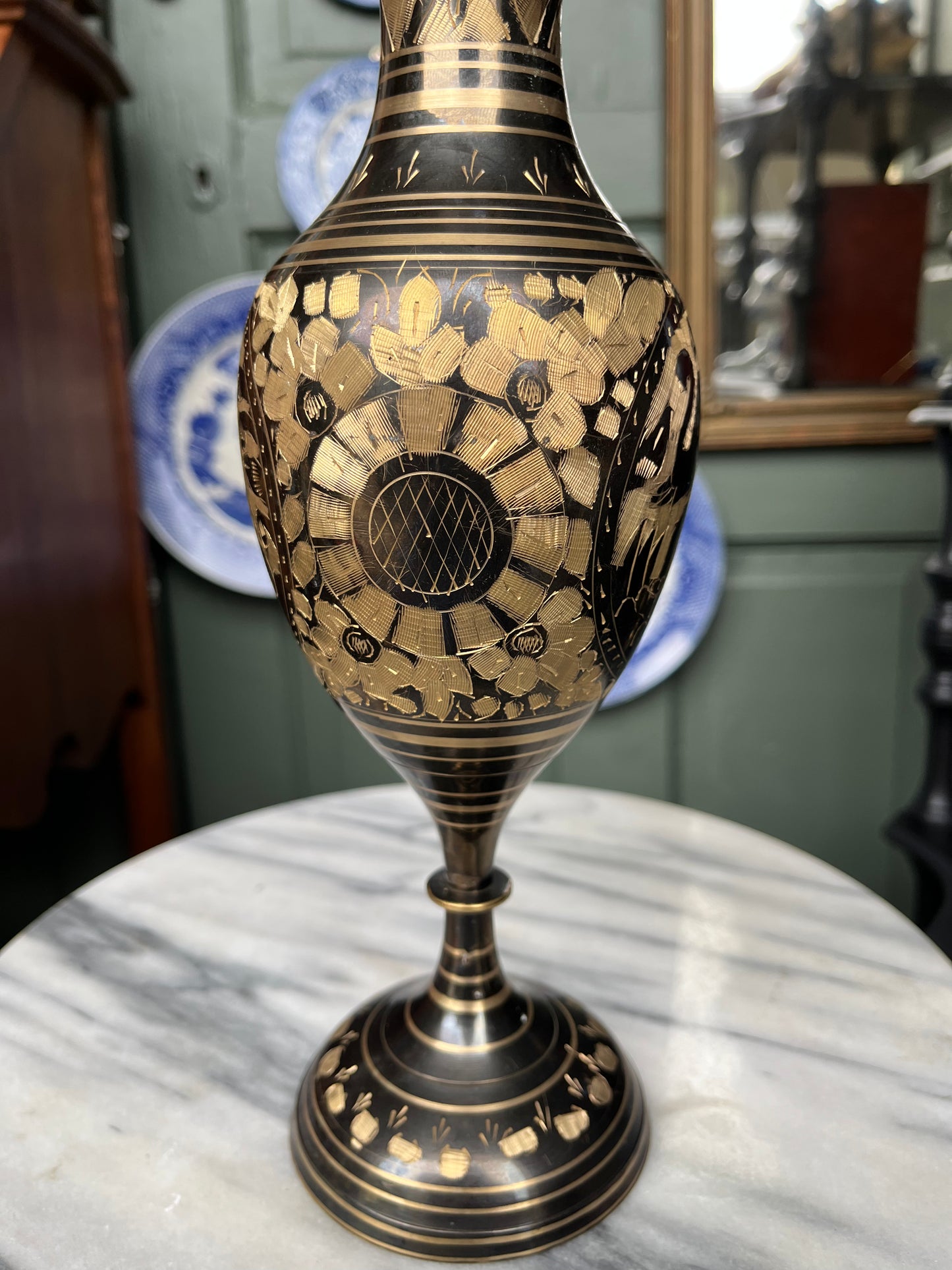 Vintage 1960s Brass Footed Etched Vase