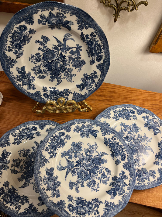 Set of 4 Johnson Bros. 10” Asiatic Pheasant Plates – Blue & White Chinoiserie Earthenware