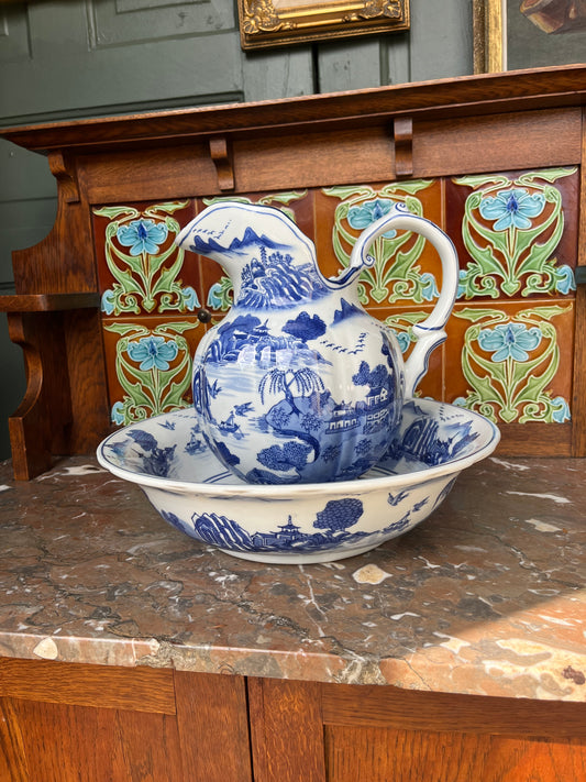 Vintage Blue & White Pitcher Basin Washstand Set