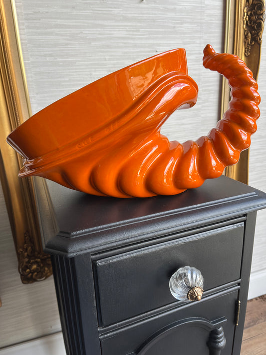 1971 Mid Century Modern Bright Orange Ceramic Cornucopia Centerpiece