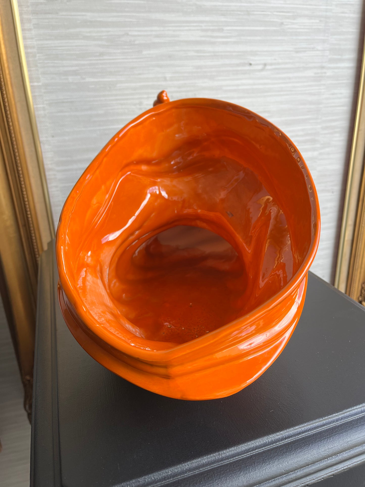 1971 Mid Century Modern Bright Orange Ceramic Cornucopia Centerpiece