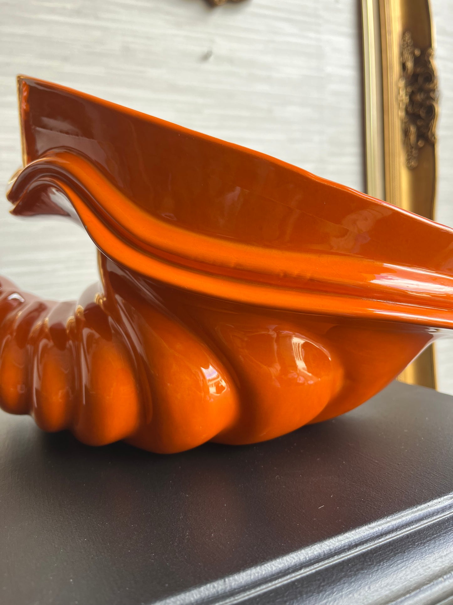 1971 Mid Century Modern Bright Orange Ceramic Cornucopia Centerpiece