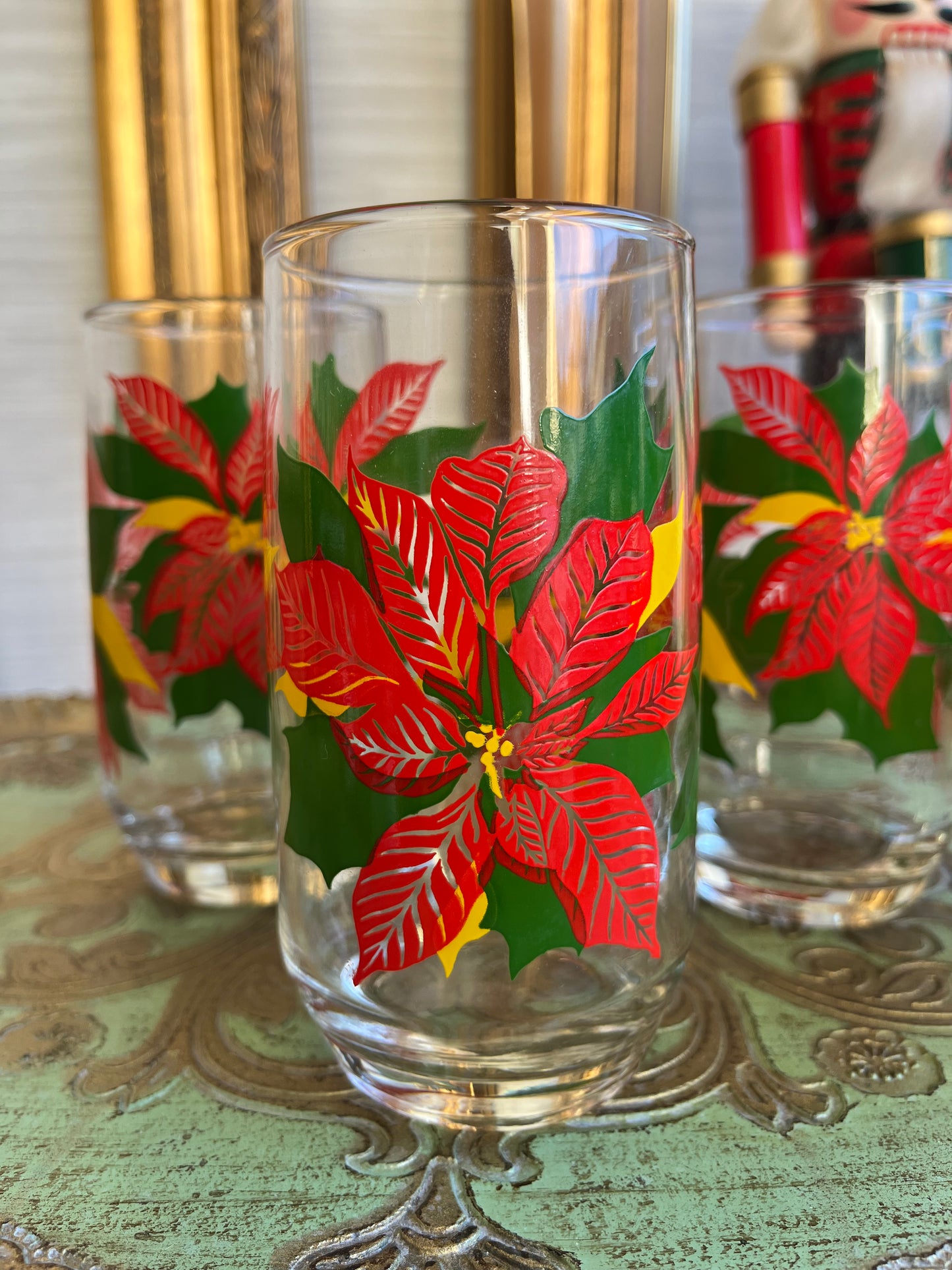 Vintage Poinsettia Glasses Christmas Holiday Tumblers Drinkware Barware - Set of 4