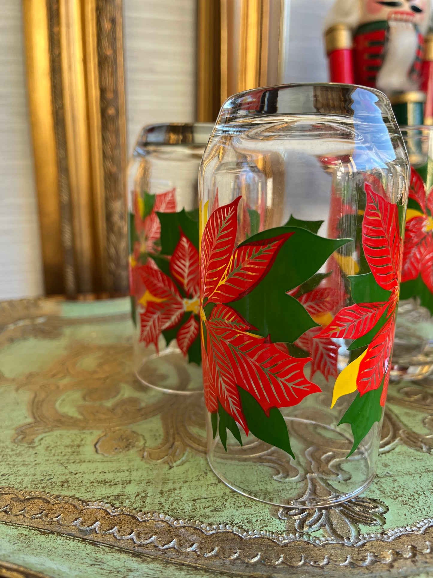 Vintage Poinsettia Glasses Christmas Holiday Tumblers Drinkware Barware - Set of 4