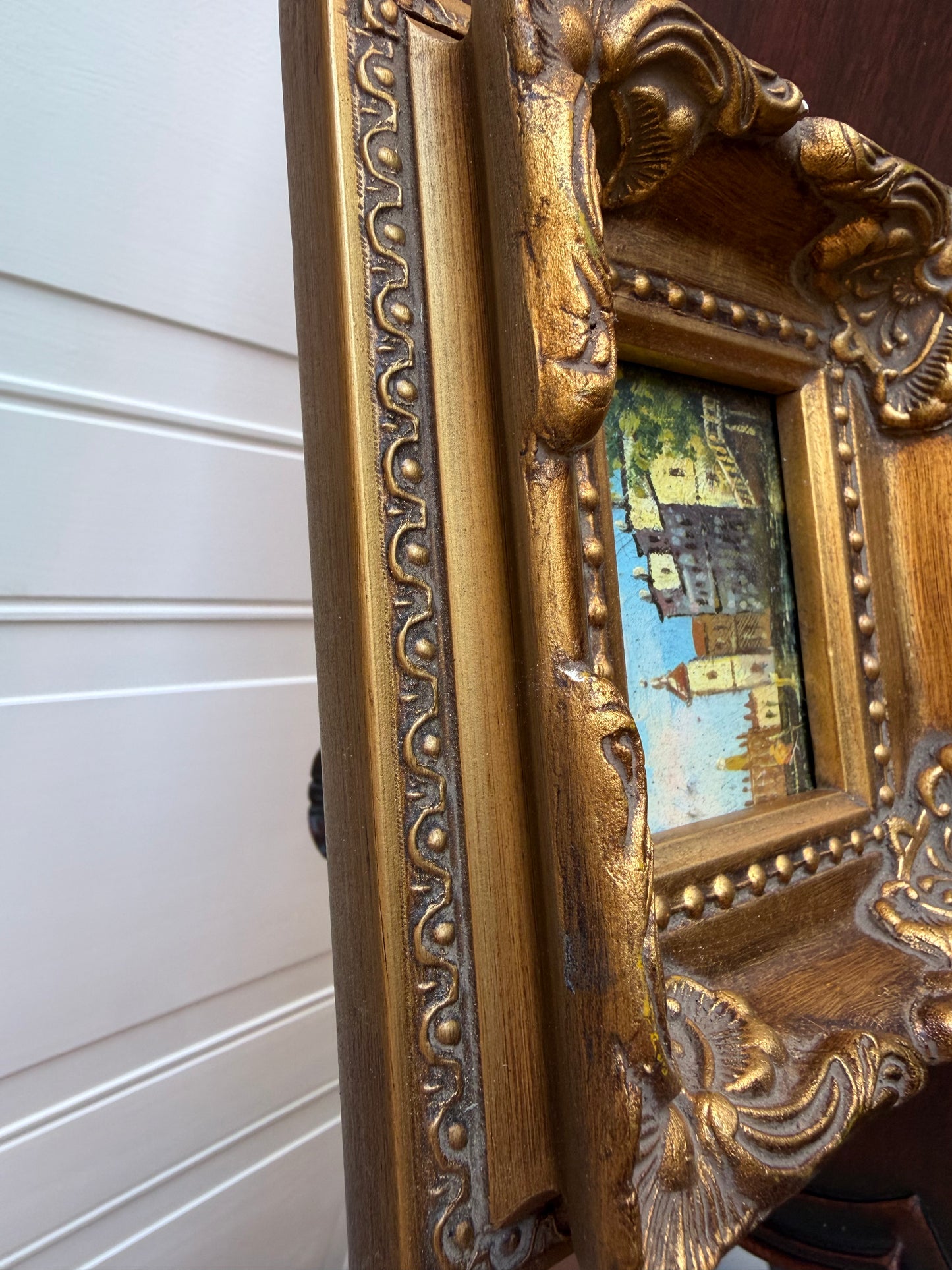Vintage Miniature Italian Landscape Oil Painting, Ornate Gilt Gesso Frame, Small Original Art, Old World Gallery Wall Decor