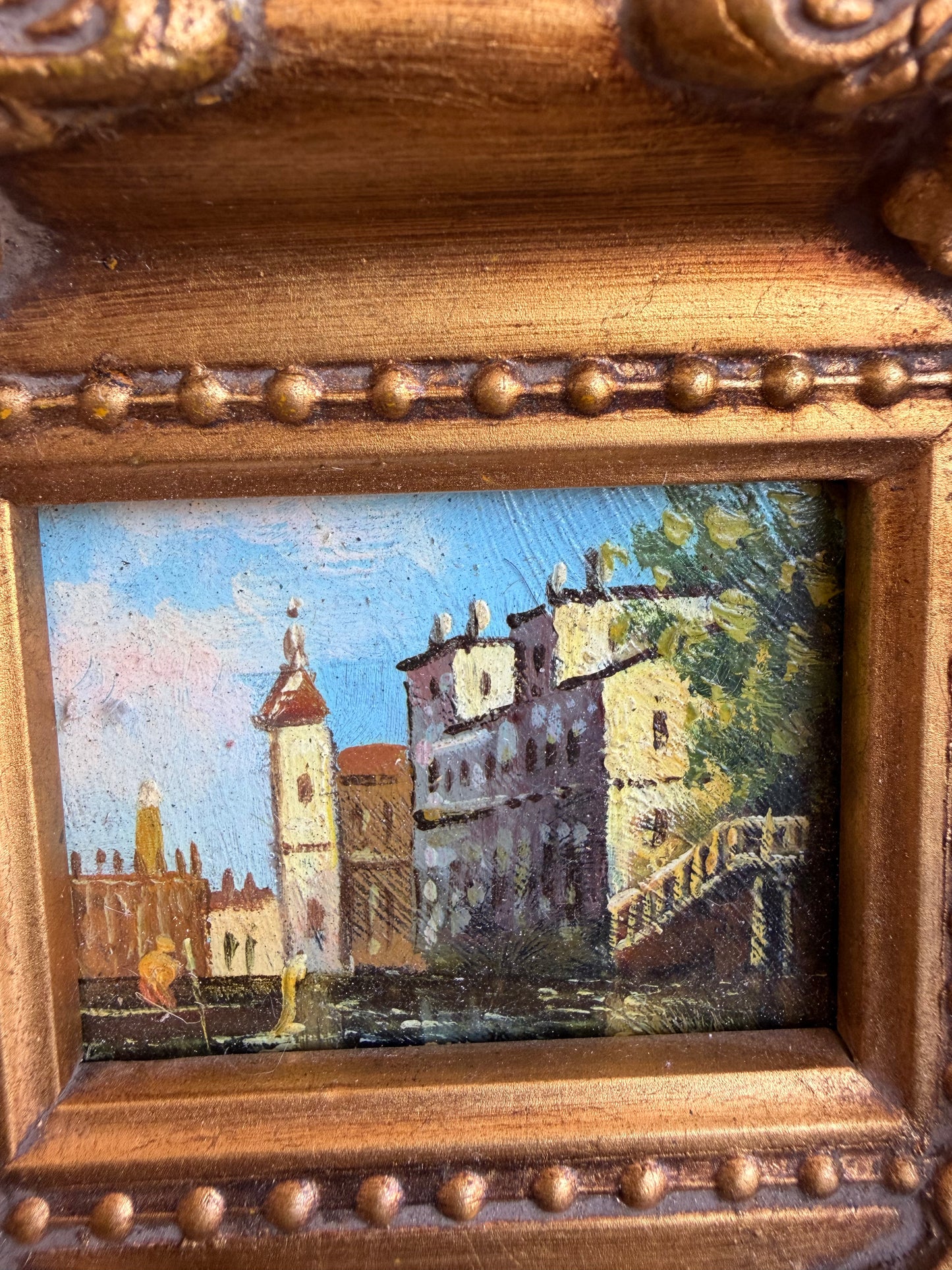 Vintage Miniature Italian Landscape Oil Painting, Ornate Gilt Gesso Frame, Small Original Art, Old World Gallery Wall Decor