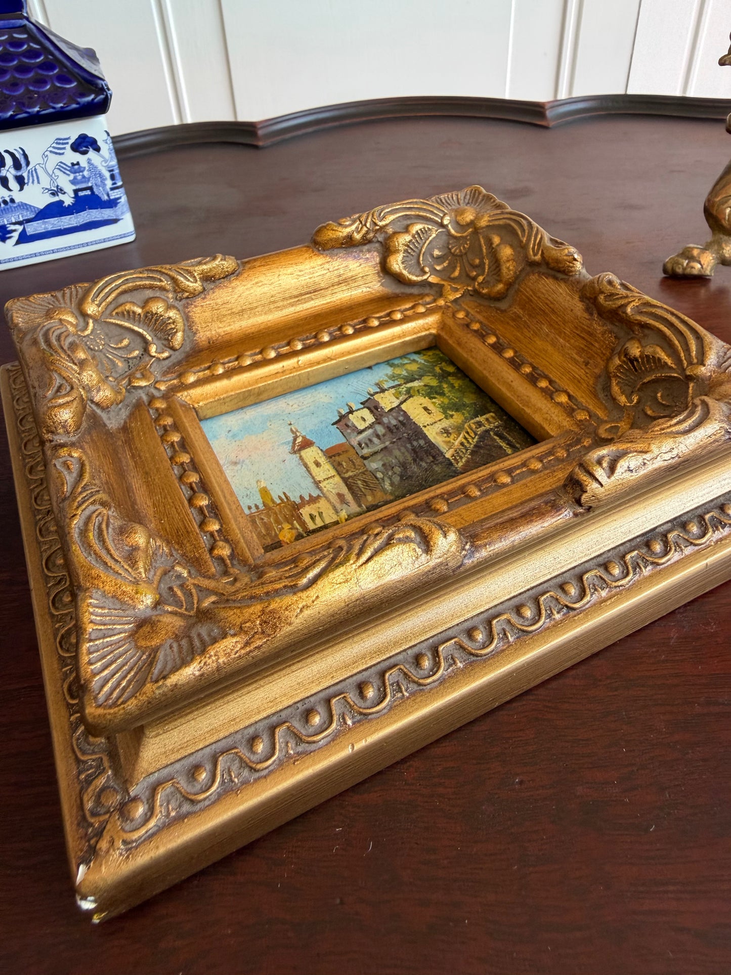 Vintage Miniature Italian Landscape Oil Painting, Ornate Gilt Gesso Frame, Small Original Art, Old World Gallery Wall Decor