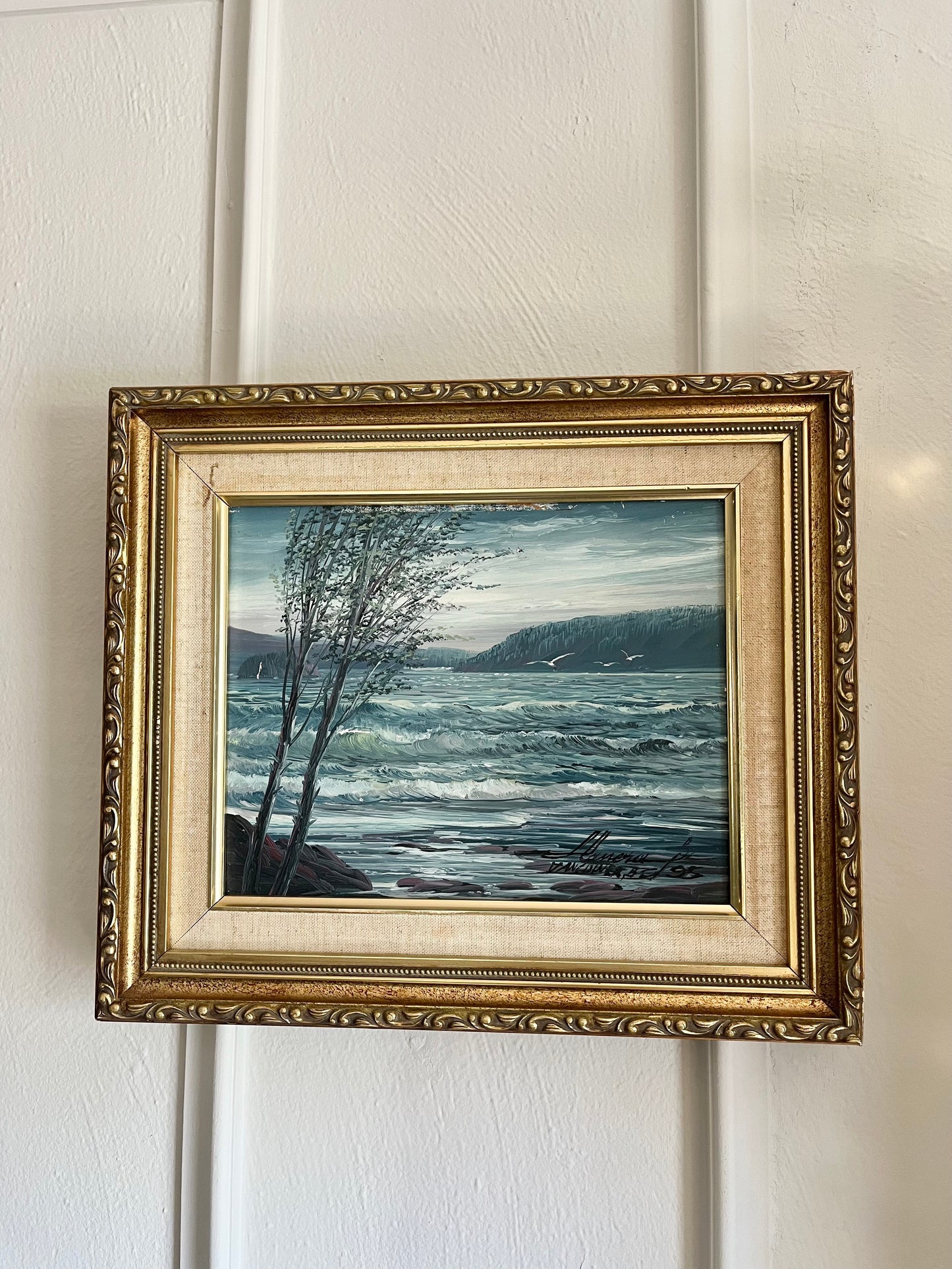 Vintage Coastal Landscape Oil Painting in Gold Ornate Frame