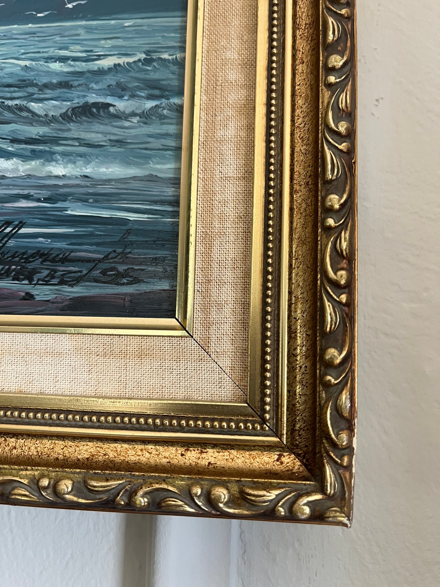 Vintage Coastal Landscape Oil Painting in Gold Ornate Frame