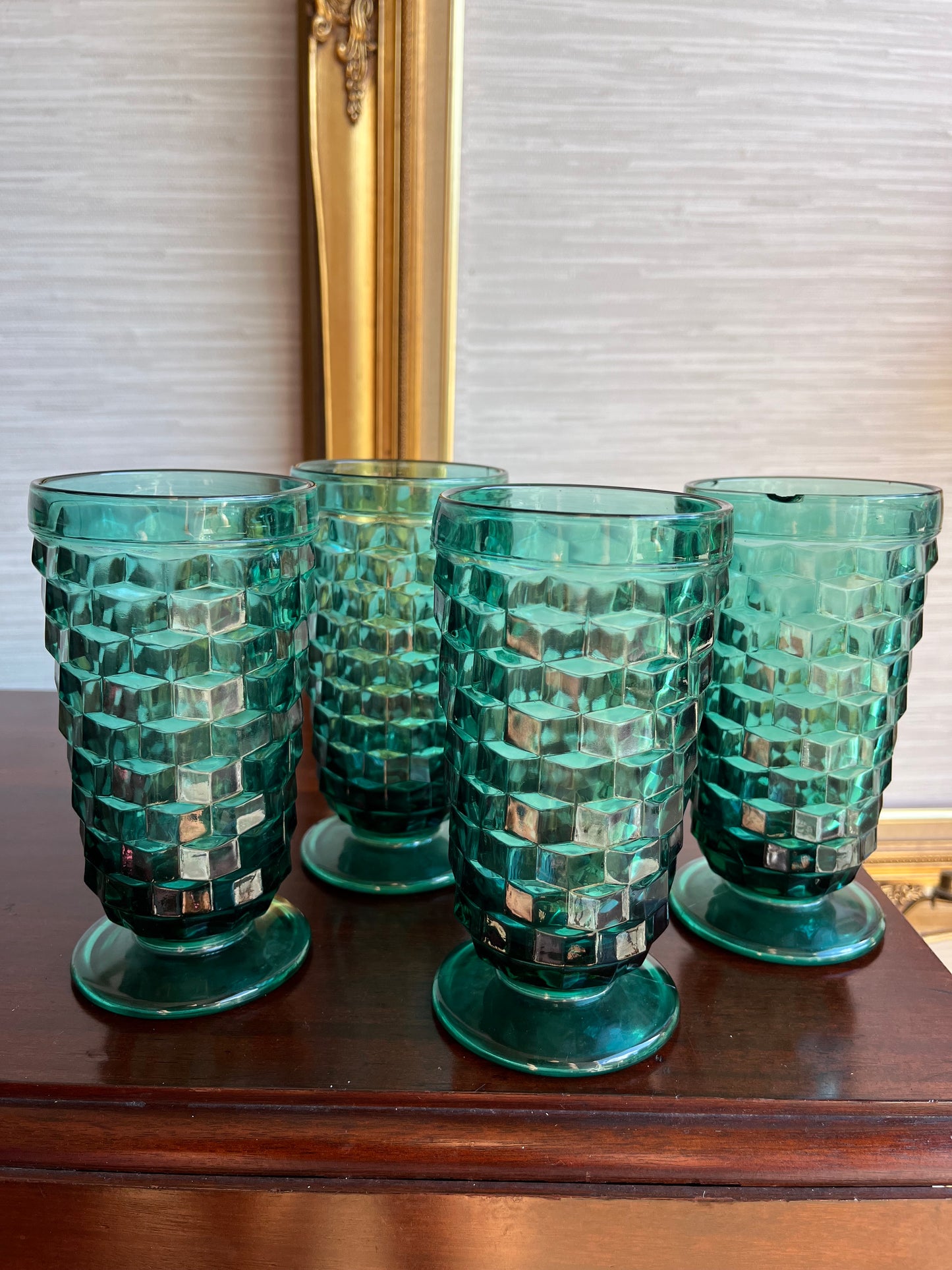 Vintage Set of Four Spruce Green Footed Iced Tea Tumbler Glasses Whitehall by Colony