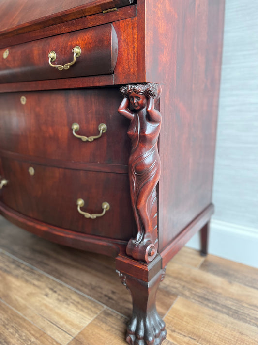 Antique 1890s Italian Mahogany Secretary Desk with Caryatid Carvings & Paw Feet – Drop Front Writing Desk