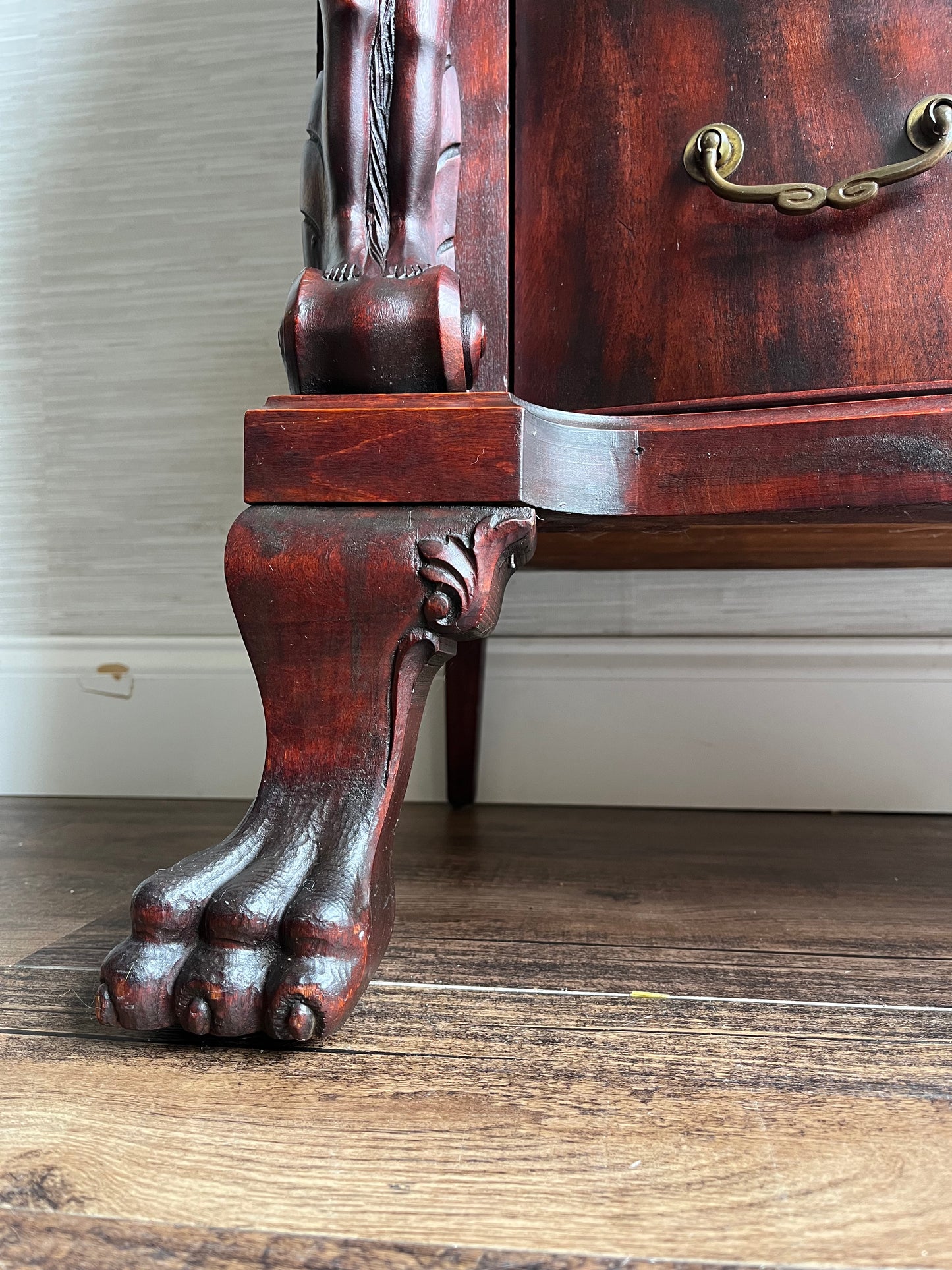 Antique 1890s Italian Mahogany Secretary Desk with Caryatid Carvings & Paw Feet – Drop Front Writing Desk