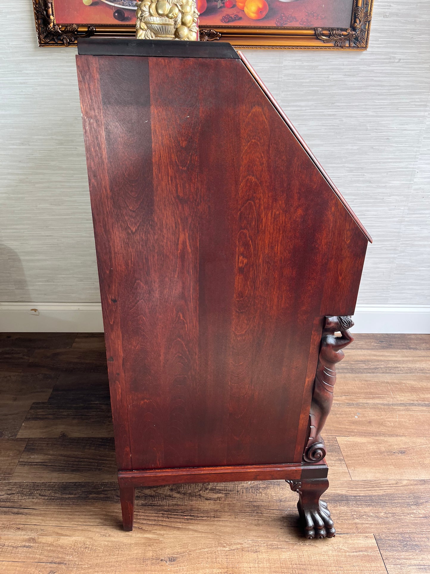 Antique 1890s Italian Mahogany Secretary Desk with Caryatid Carvings & Paw Feet – Drop Front Writing Desk