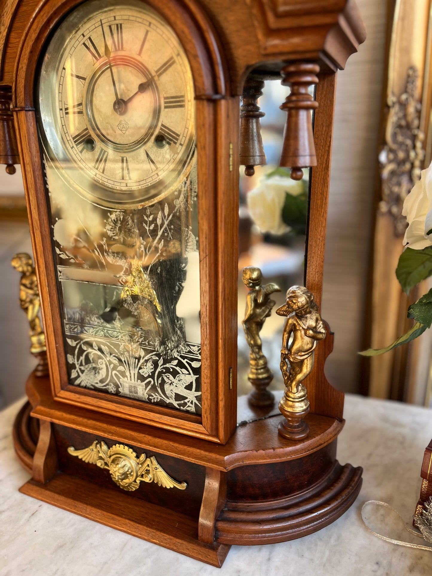 Victorian Ansonia Company Antique 1800s Walnut Brass Mantel Pendulum Clock