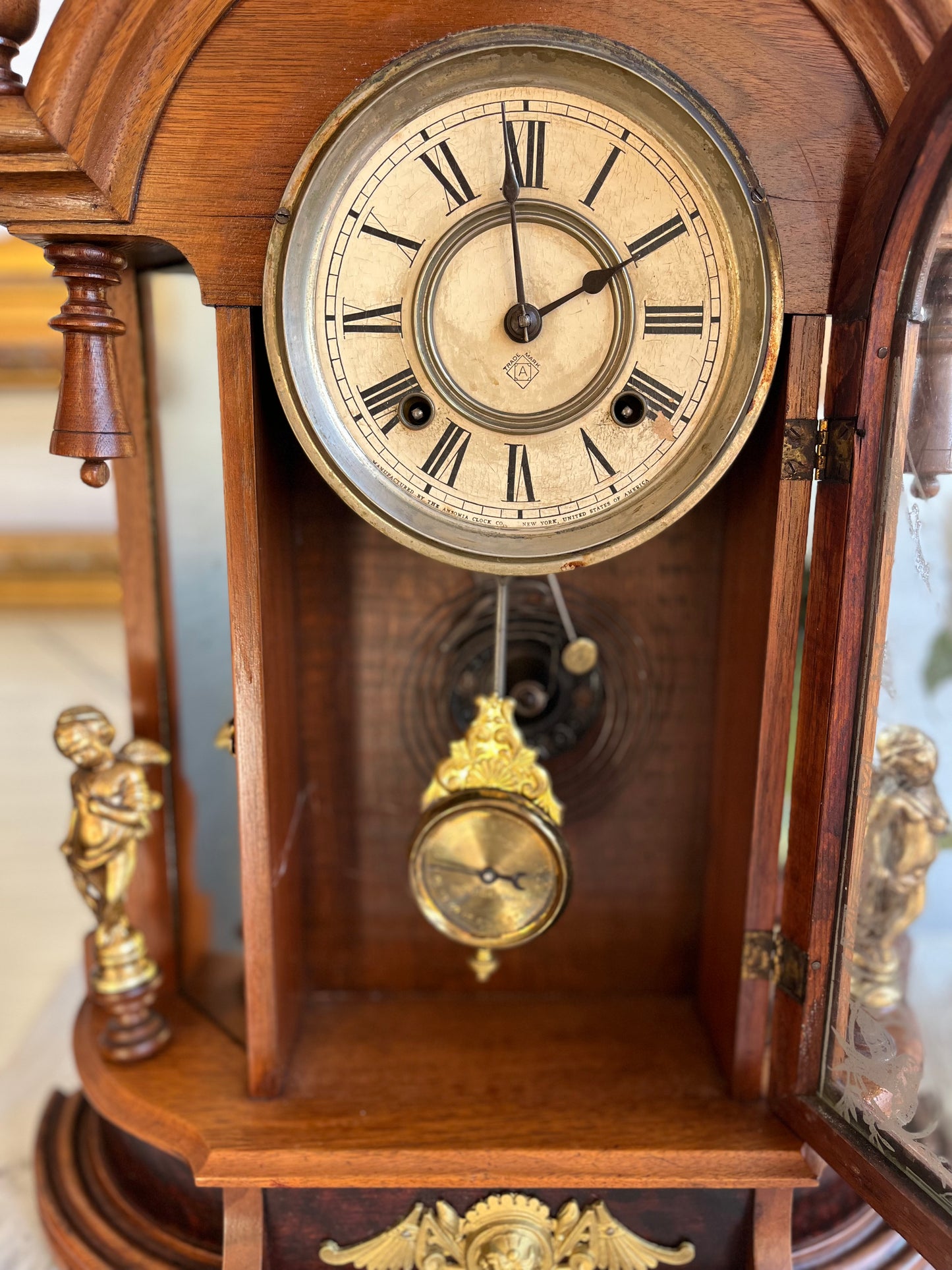 Victorian Ansonia Company Antique 1800s Walnut Brass Mantel Pendulum Clock