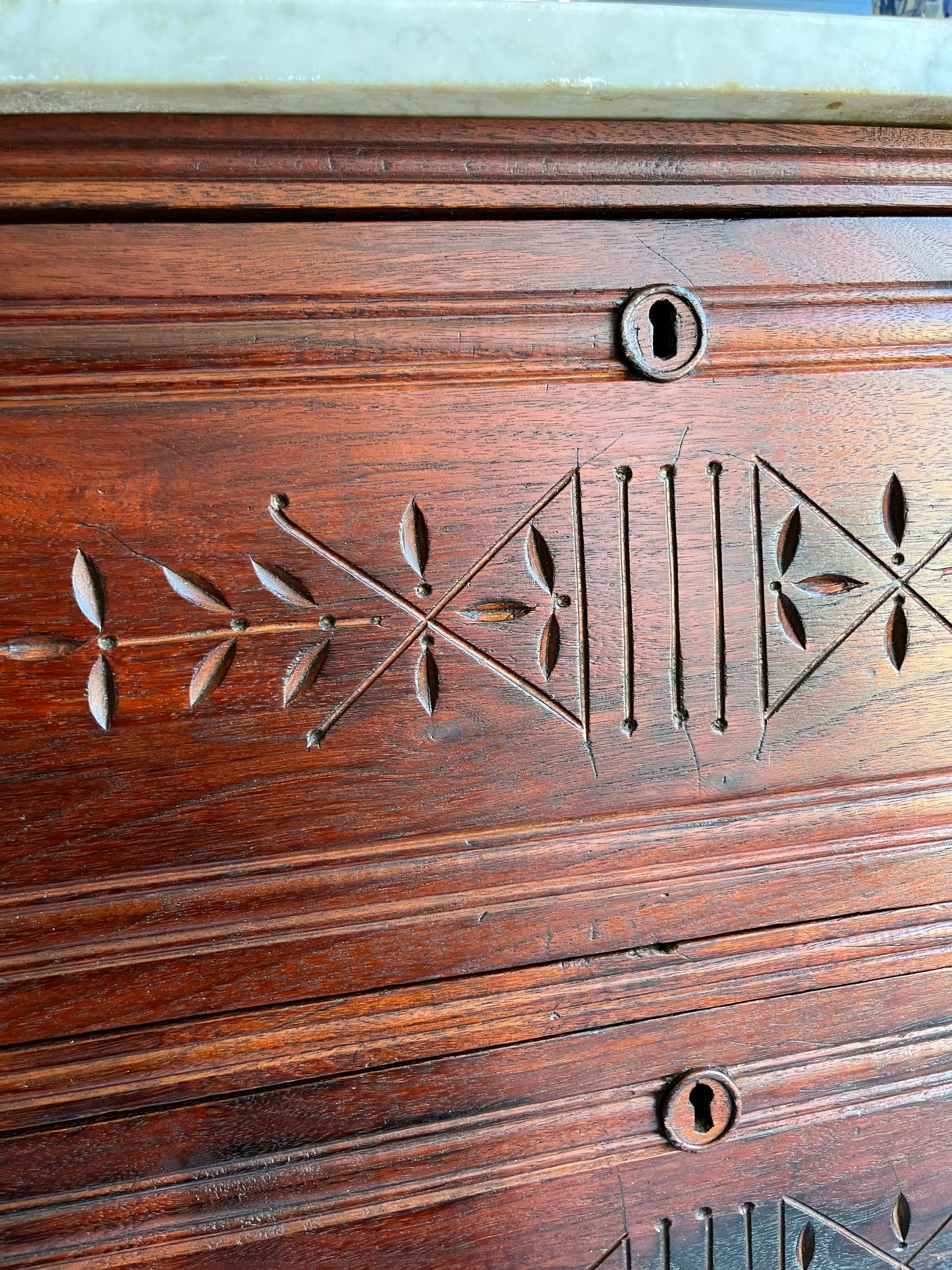 Antique Eastlake 19th Century Marble Top Dresser Hand Carved Spoon Detail Solid Wood Chest Original Brass Hardware