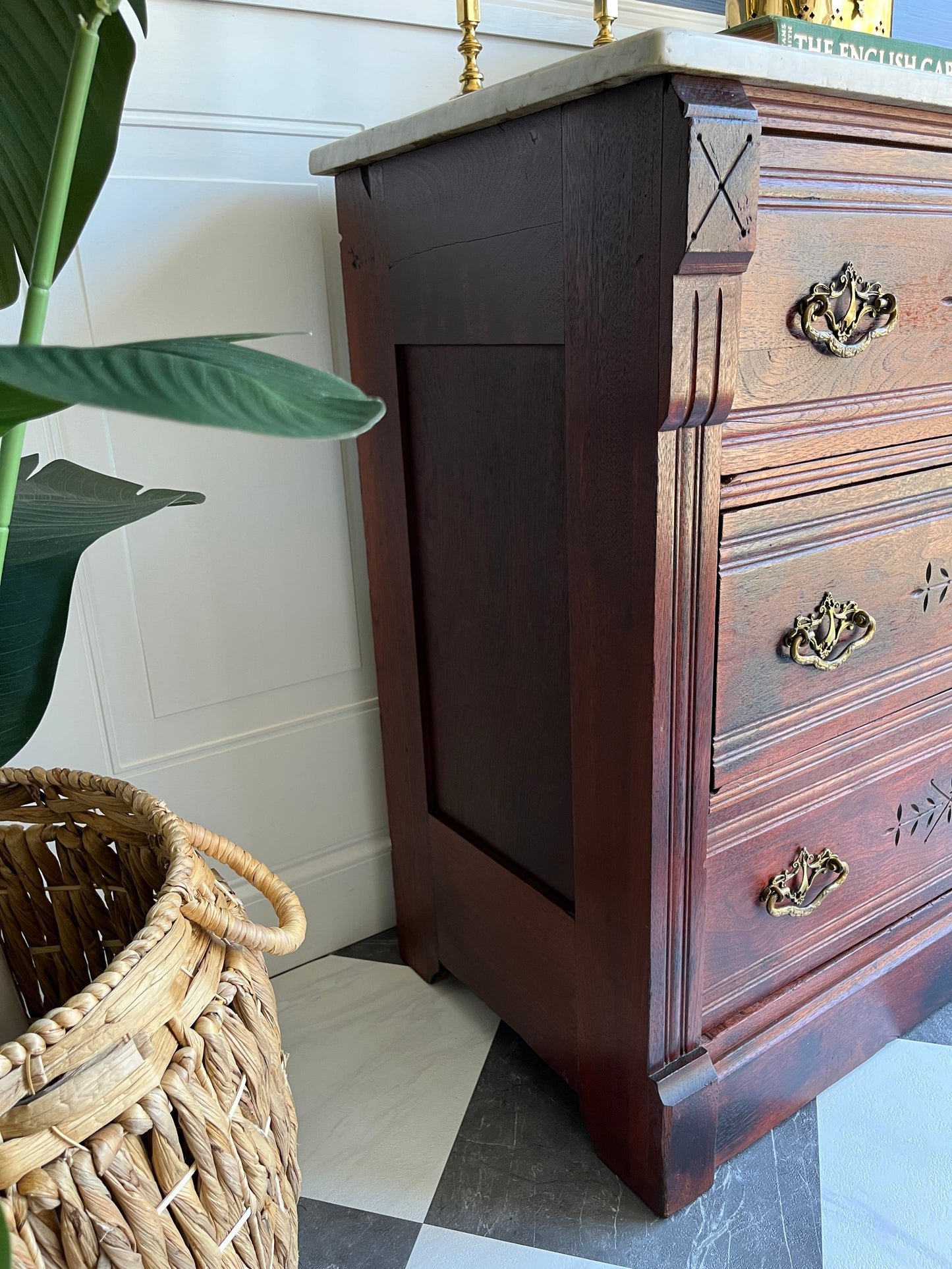 Antique Eastlake 19th Century Marble Top Dresser Hand Carved Spoon Detail Solid Wood Chest Original Brass Hardware