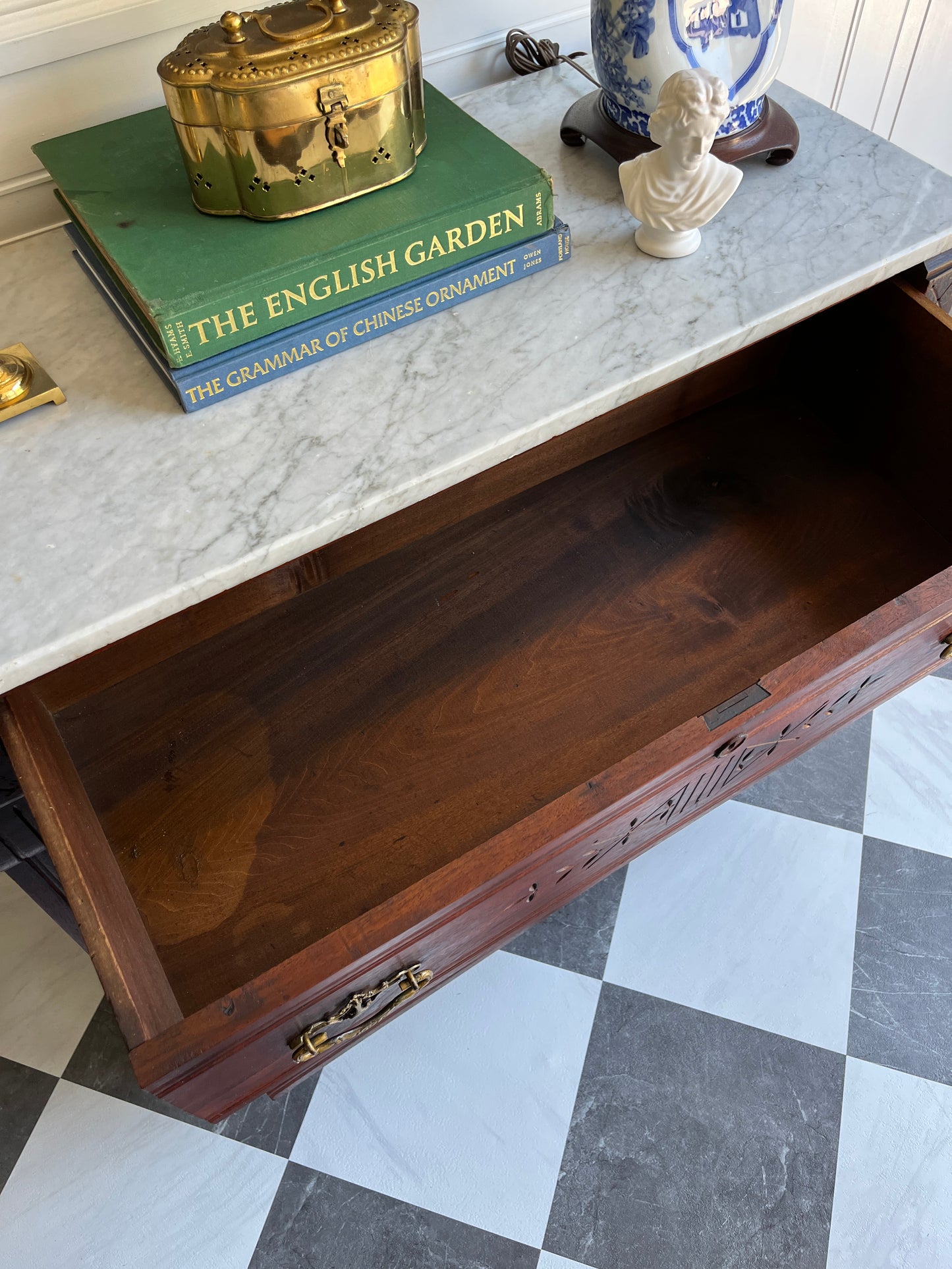 Antique Eastlake 19th Century Marble Top Dresser Hand Carved Spoon Detail Solid Wood Chest Original Brass Hardware