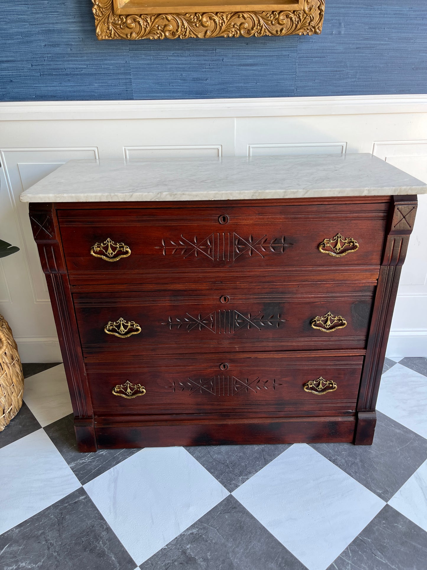 Antique Eastlake 19th Century Marble Top Dresser Hand Carved Spoon Detail Solid Wood Chest Original Brass Hardware