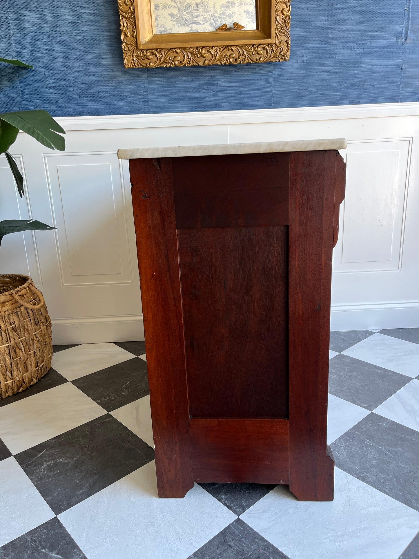 Antique Eastlake 19th Century Marble Top Dresser Hand Carved Spoon Detail Solid Wood Chest Original Brass Hardware