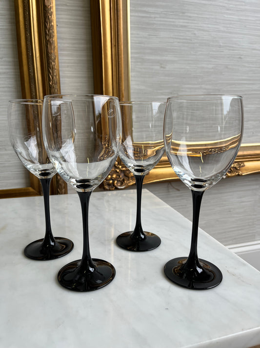 Mid-Century French Luminarc Black and Clear Wine Glasses - a Set of 5