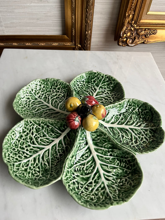 1960s Bordallo Pinheiro Cabbage and Fruits Majolica Platter in Barbott Earthenware With 5 Compartments