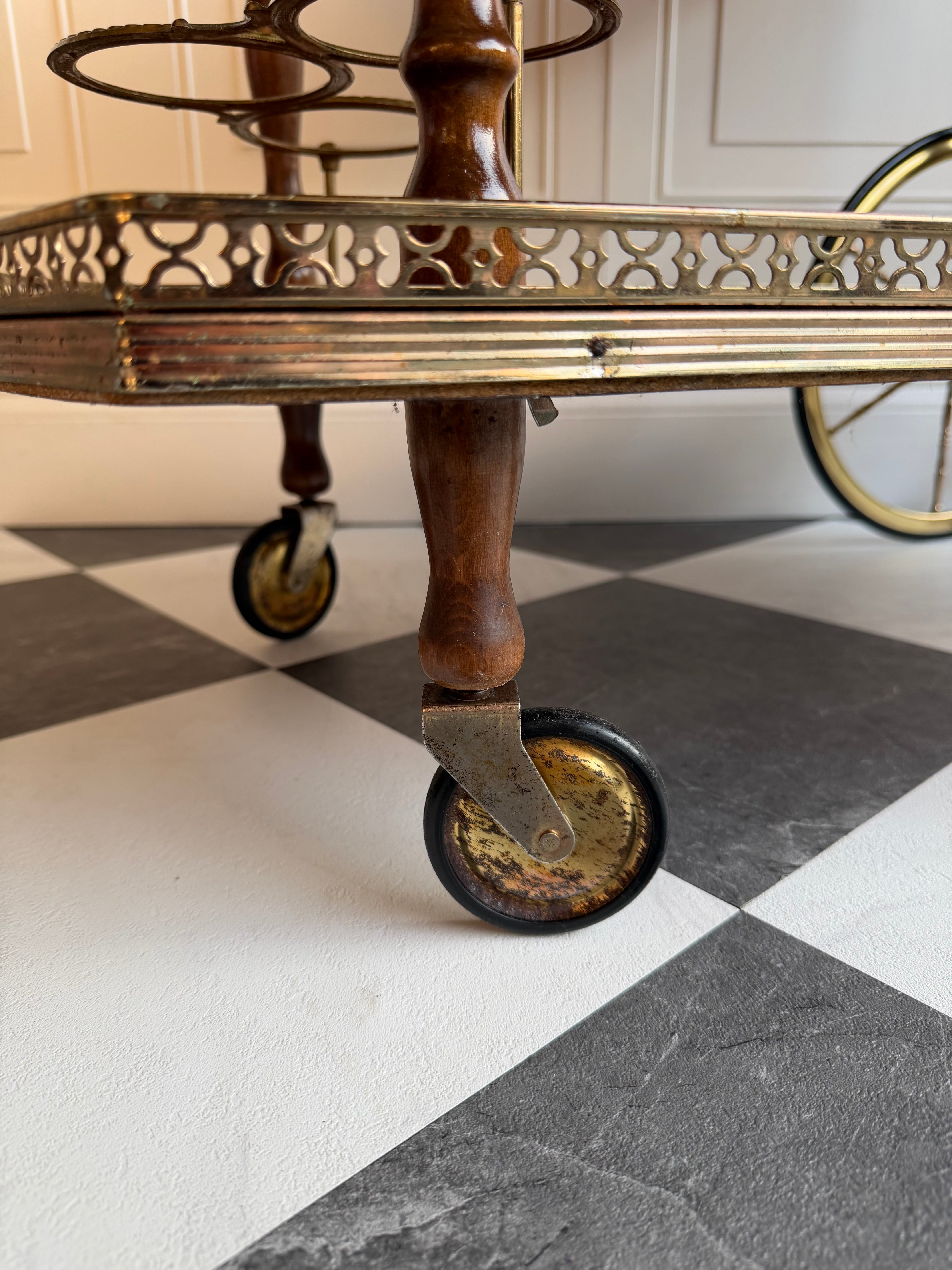 Vintage Italian Marquetry Bar Cart with Brass Gallery & Wheels