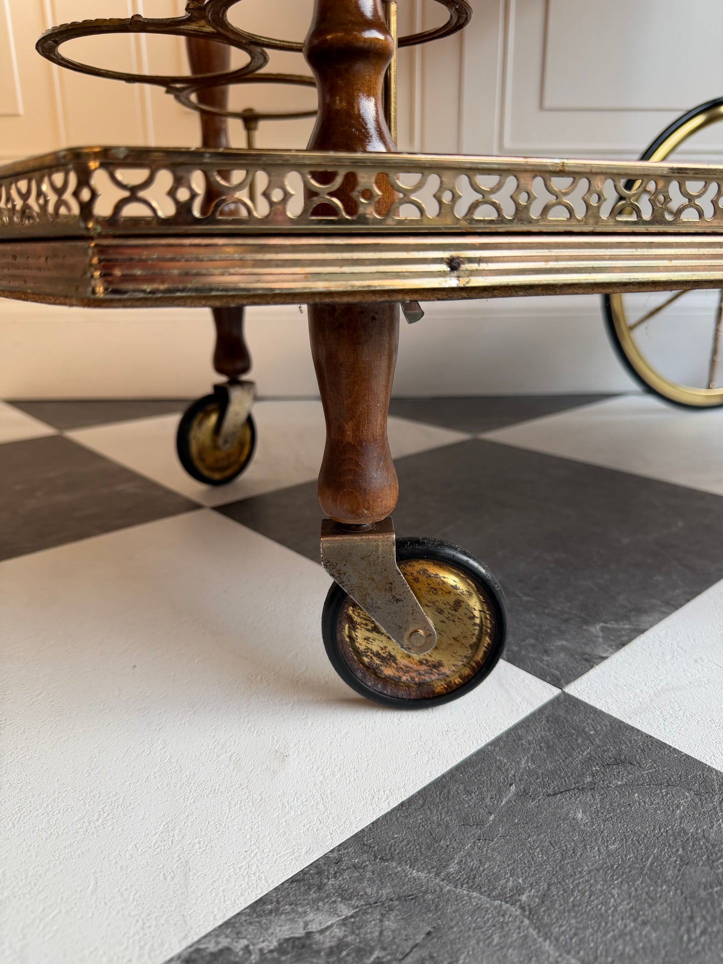 Vintage Italian Marquetry Bar Cart with Brass Gallery & Wheels | Vintage Folding Drop Leaf Wood Serving Trolley with Bottle Holders