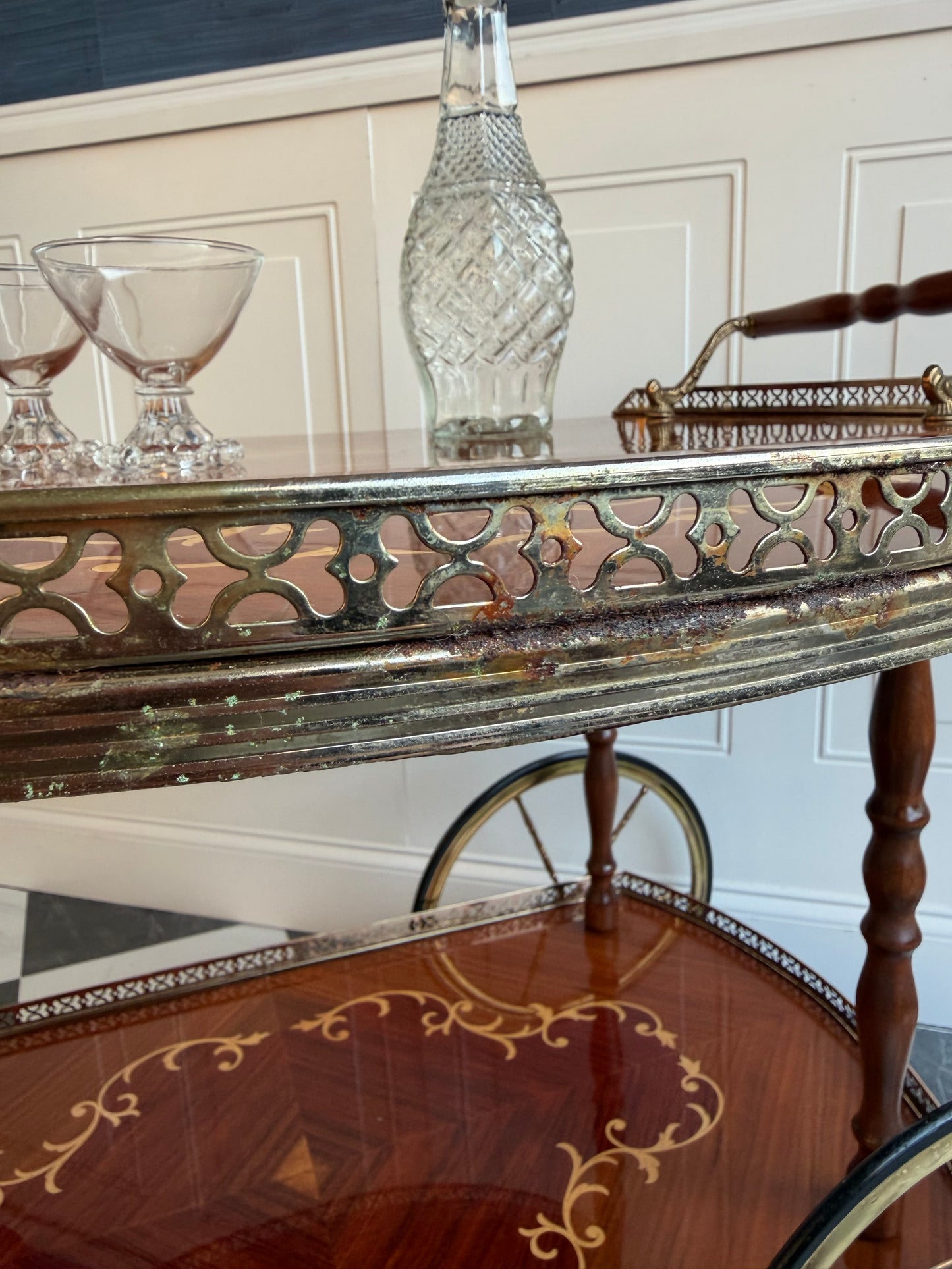 Vintage Italian Marquetry Bar Cart with Brass Gallery & Wheels | Vintage Folding Drop Leaf Wood Serving Trolley with Bottle Holders