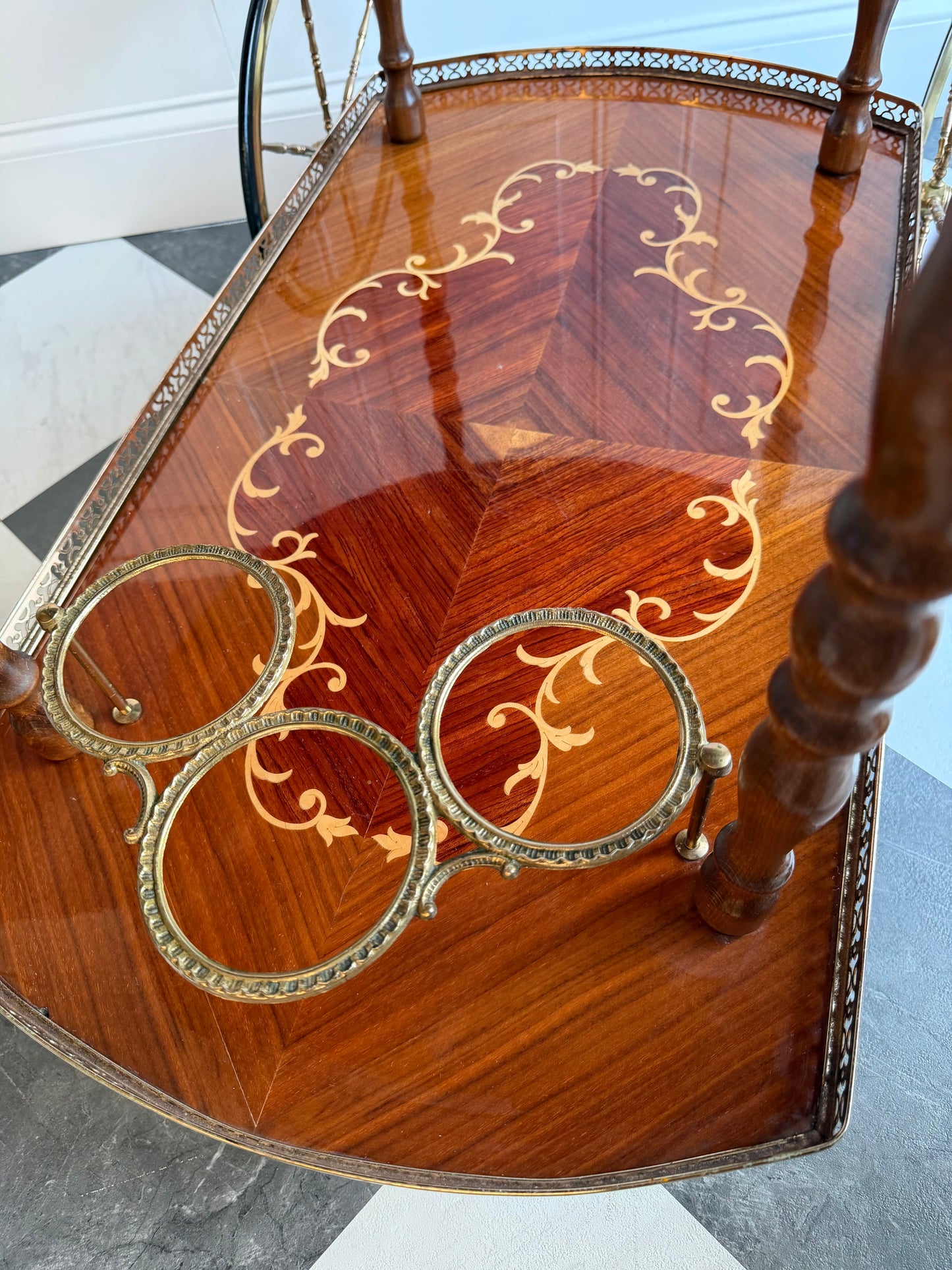 Vintage Italian Marquetry Bar Cart with Brass Gallery & Wheels | Vintage Folding Drop Leaf Wood Serving Trolley with Bottle Holders