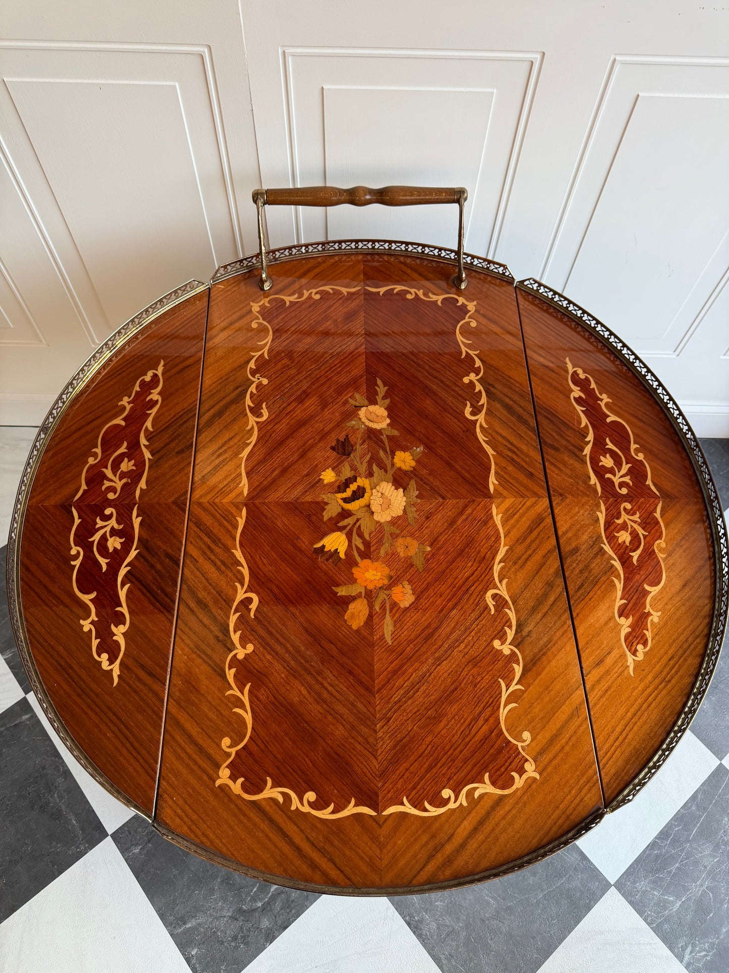 Vintage Italian Marquetry Bar Cart with Brass Gallery & Wheels | Vintage Folding Drop Leaf Wood Serving Trolley with Bottle Holders