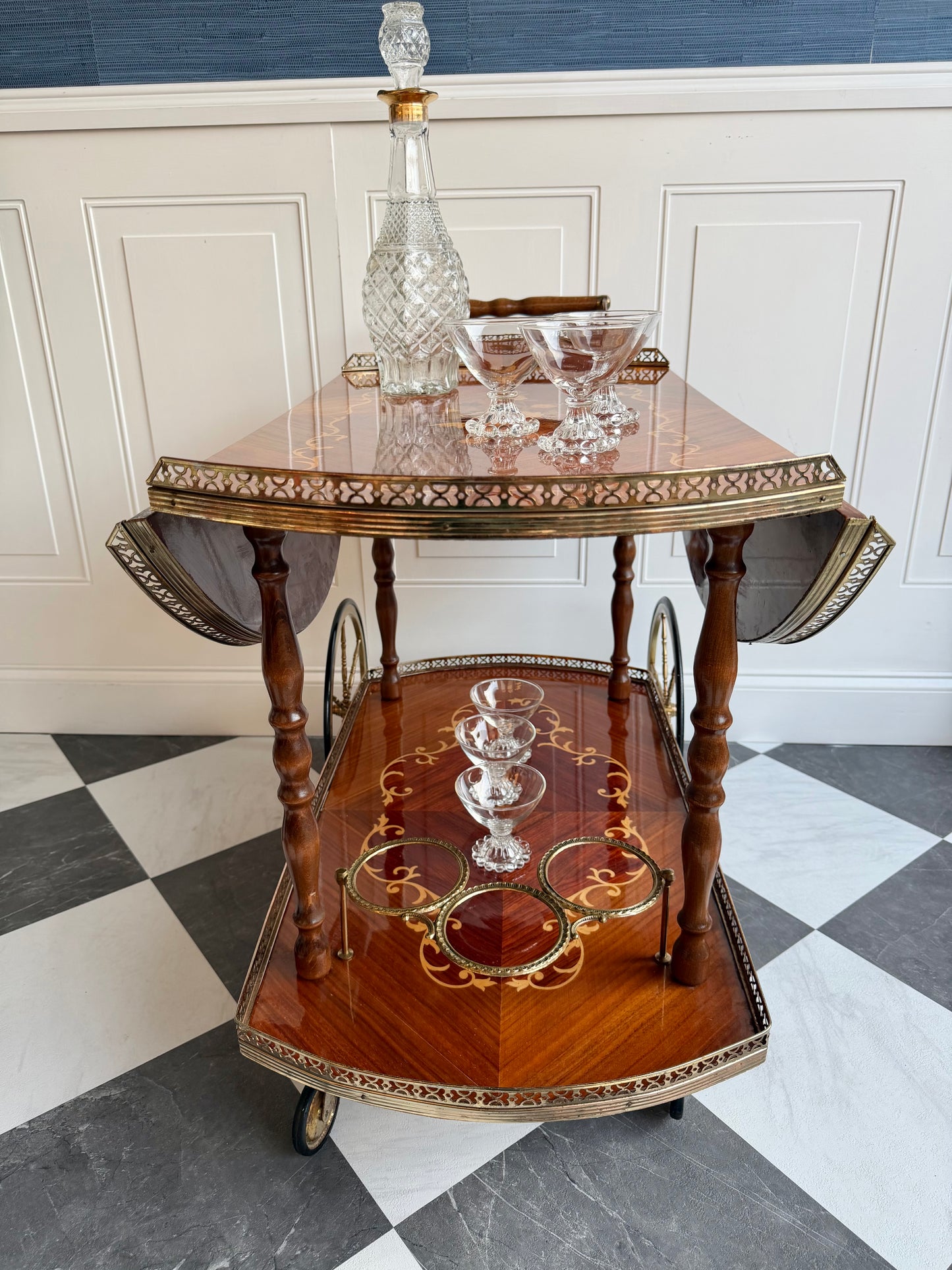 Vintage Italian Marquetry Bar Cart with Brass Gallery & Wheels | Vintage Folding Drop Leaf Wood Serving Trolley with Bottle Holders