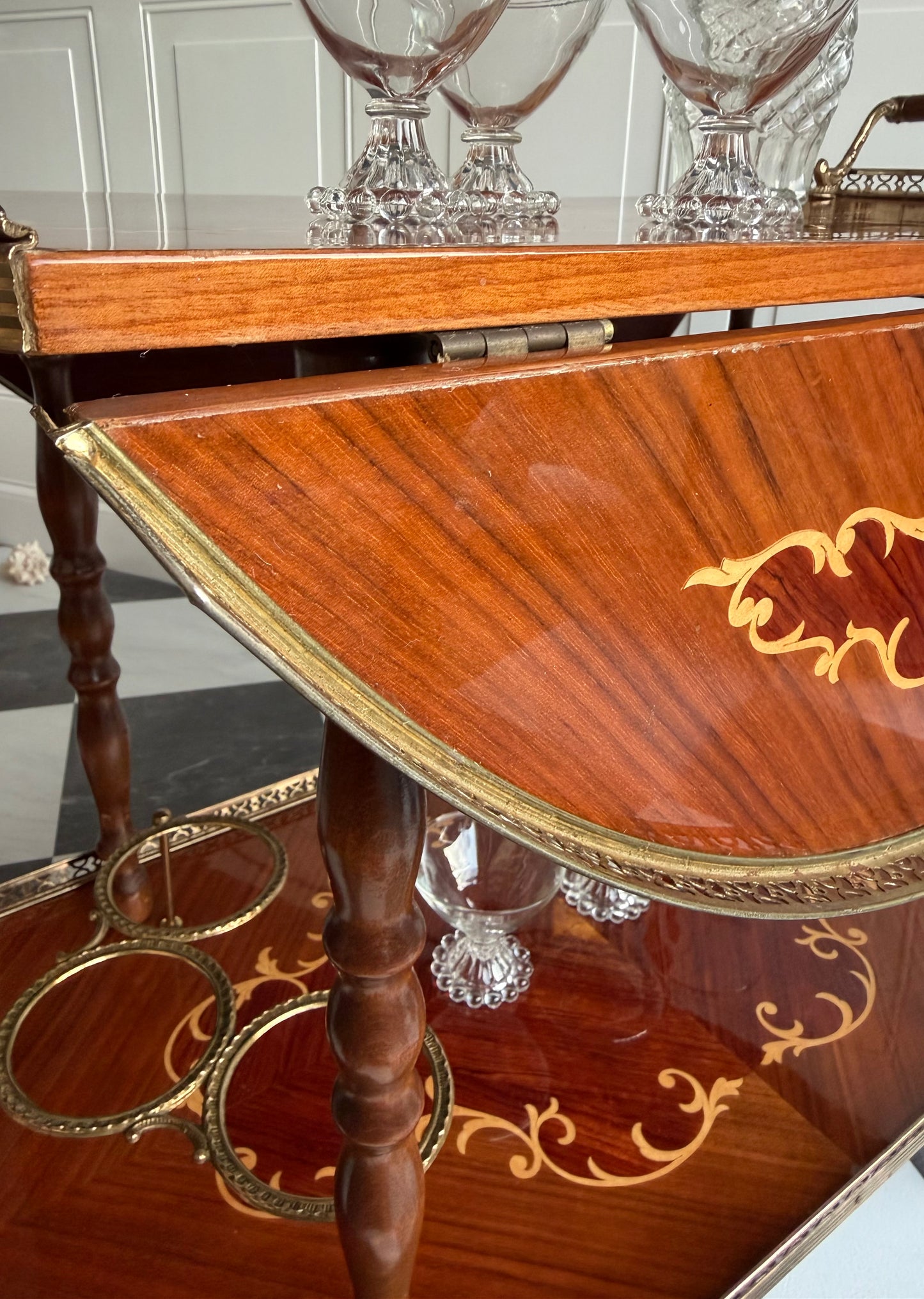Vintage Italian Marquetry Bar Cart with Brass Gallery & Wheels | Vintage Folding Drop Leaf Wood Serving Trolley with Bottle Holders