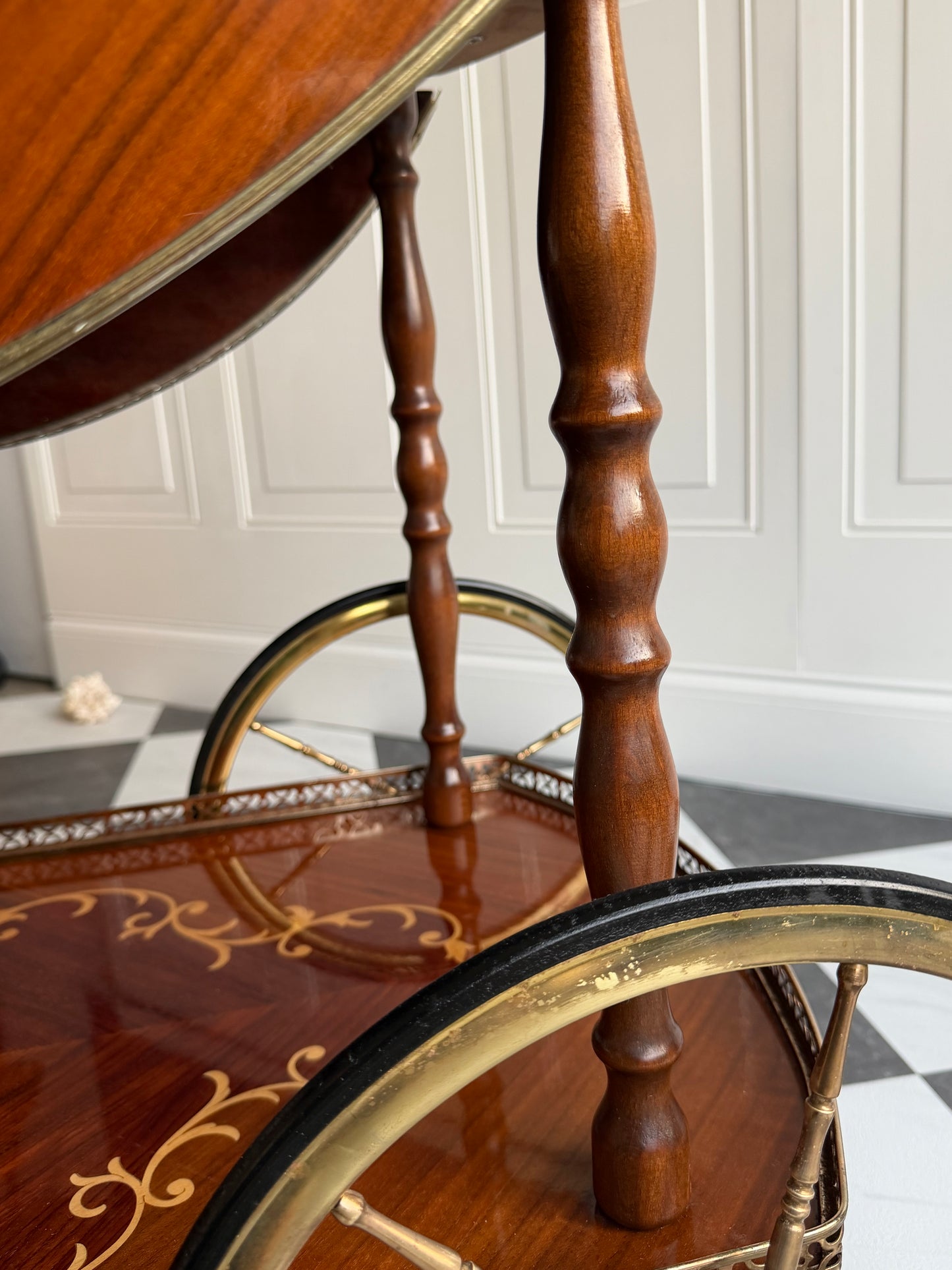 Vintage Italian Marquetry Bar Cart with Brass Gallery & Wheels | Vintage Folding Drop Leaf Wood Serving Trolley with Bottle Holders