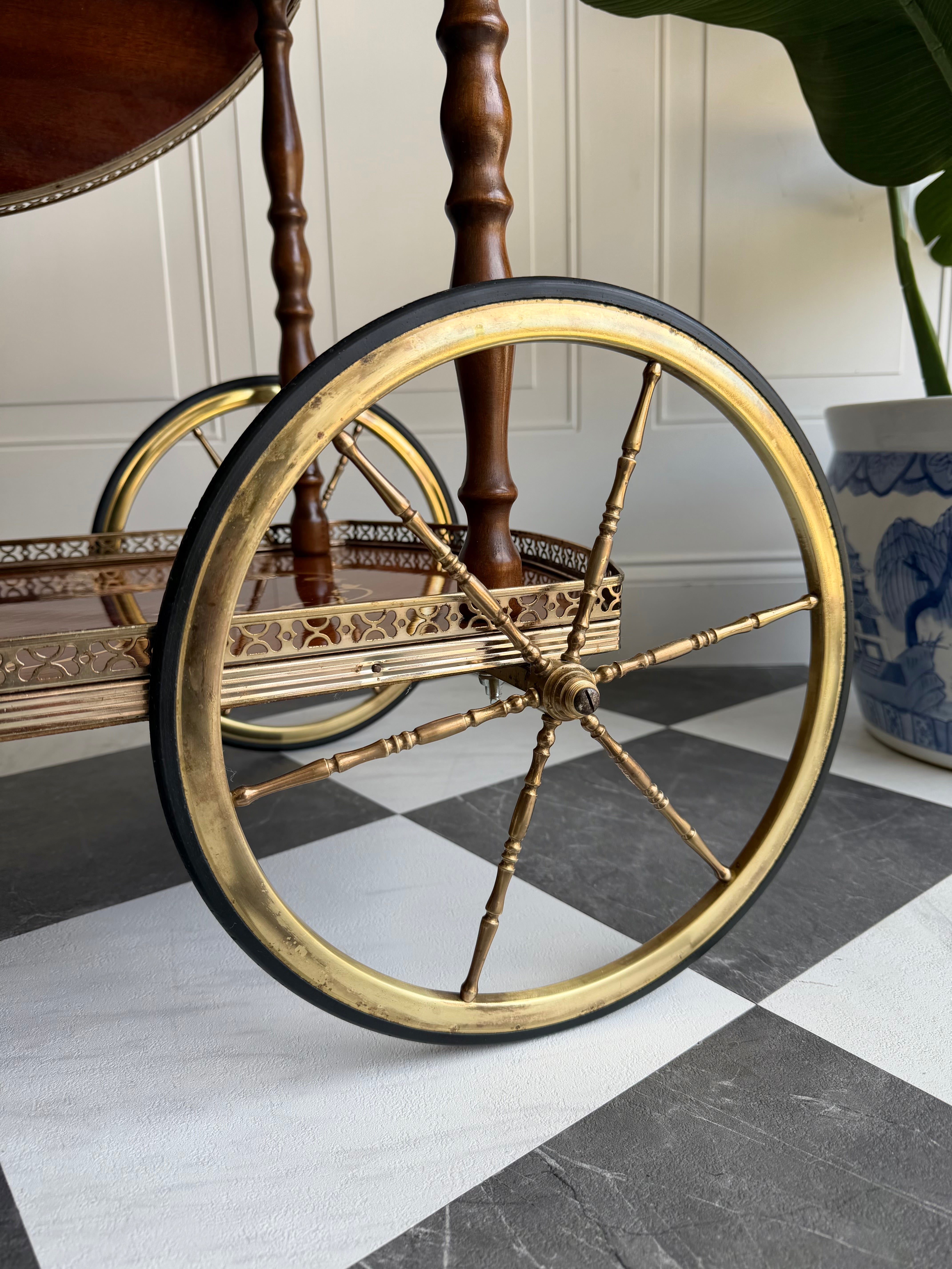 Vintage Italian Marquetry Bar Cart with Brass Gallery & Wheels