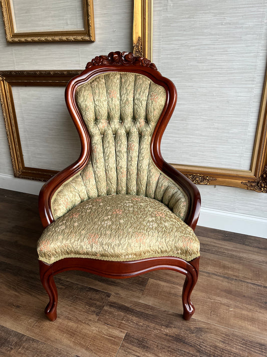 Vintage 1950s Kimball Victorian Ladies' Parlor Chair - Sage Floral Tufted Mahogany Wood