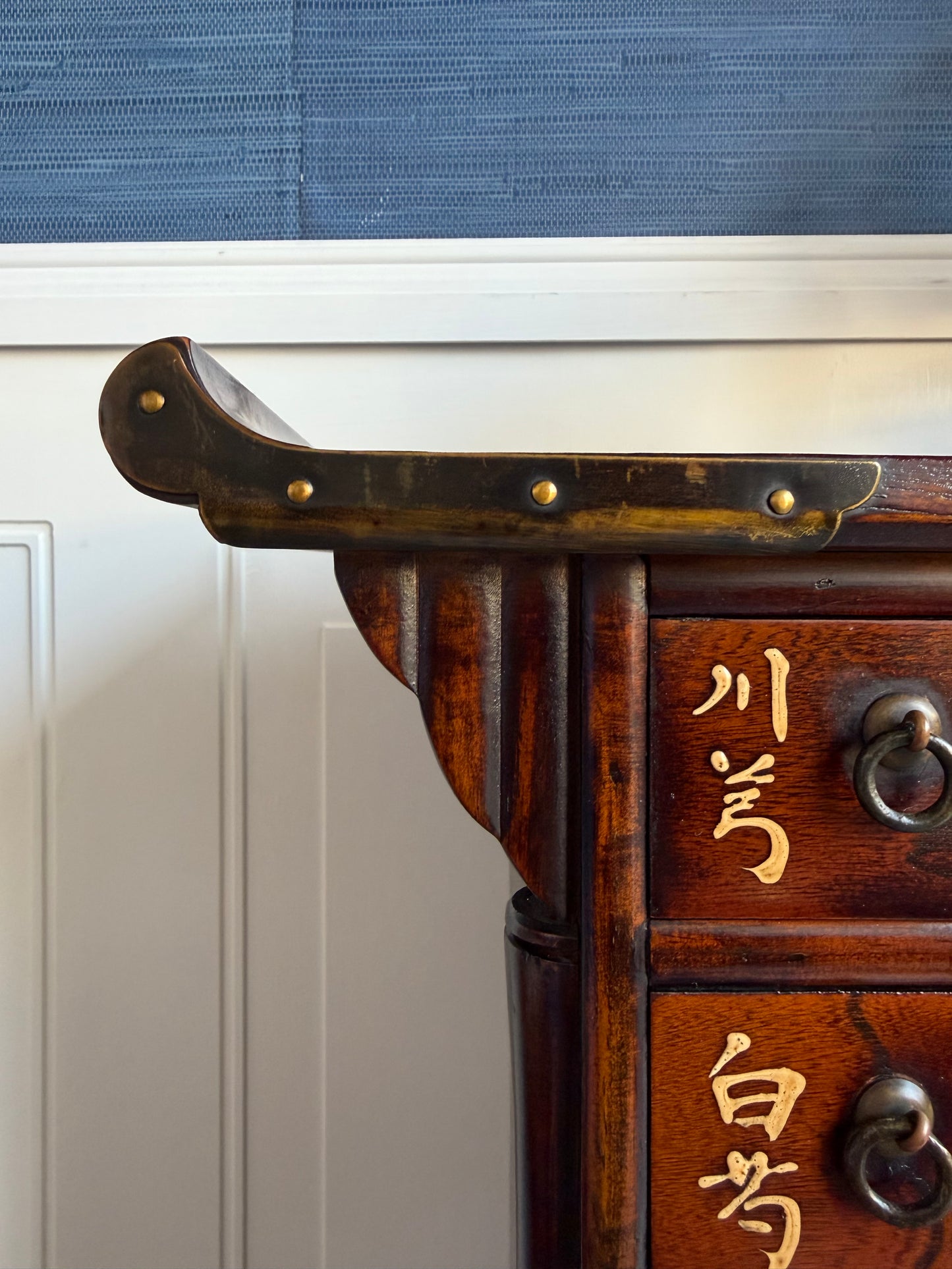 Vintage Chinese Apothecary Cabinet – Mid Century Herb Medicine Chest with Labeled Drawers, Asian Chinoiserie Storage Cabinet