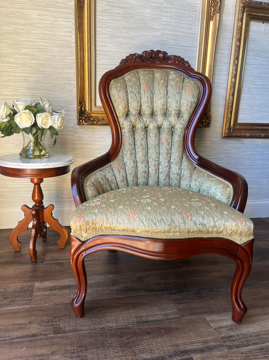 Vintage 1950s Kimball Victorian Ladies' Parlor Chair - Sage Floral Tufted Mahogany Wood