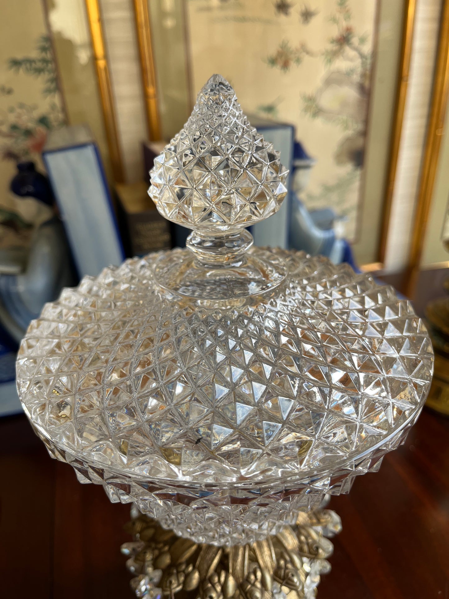 Vintage Hollywood Regency Style Chandelier 1960s Italian Crystal Marble and Brass Compote Pedestal Candy Lidded Dish