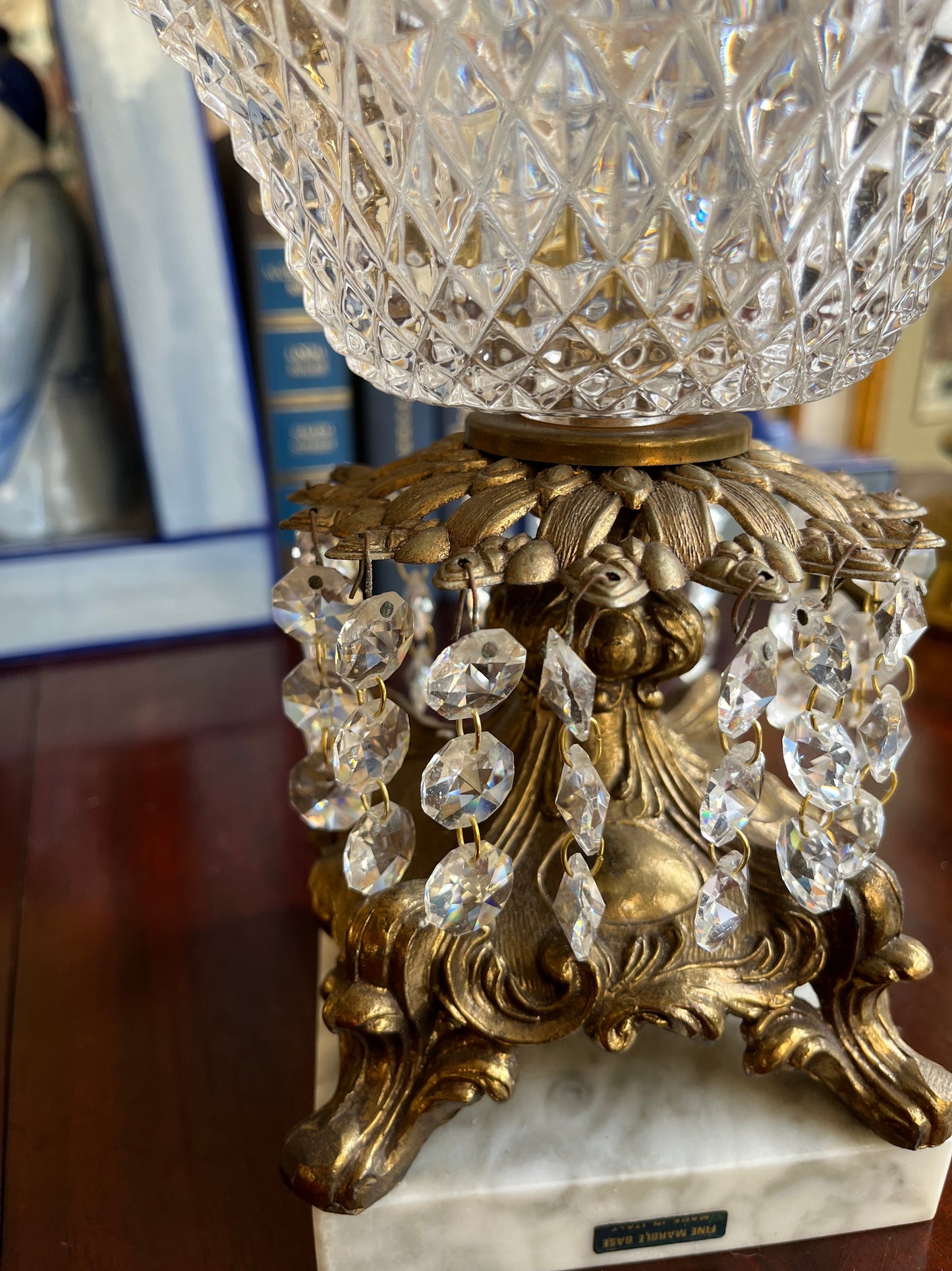 Vintage Hollywood Regency Style Chandelier 1960s Italian Crystal Marble and Brass Compote Pedestal Candy Lidded Dish