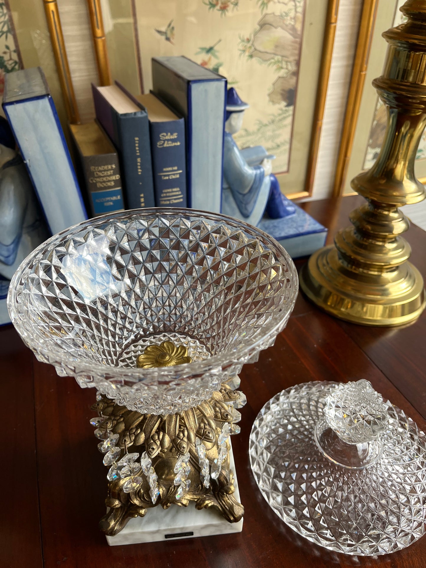 Vintage Hollywood Regency Style Chandelier 1960s Italian Crystal Marble and Brass Compote Pedestal Candy Lidded Dish