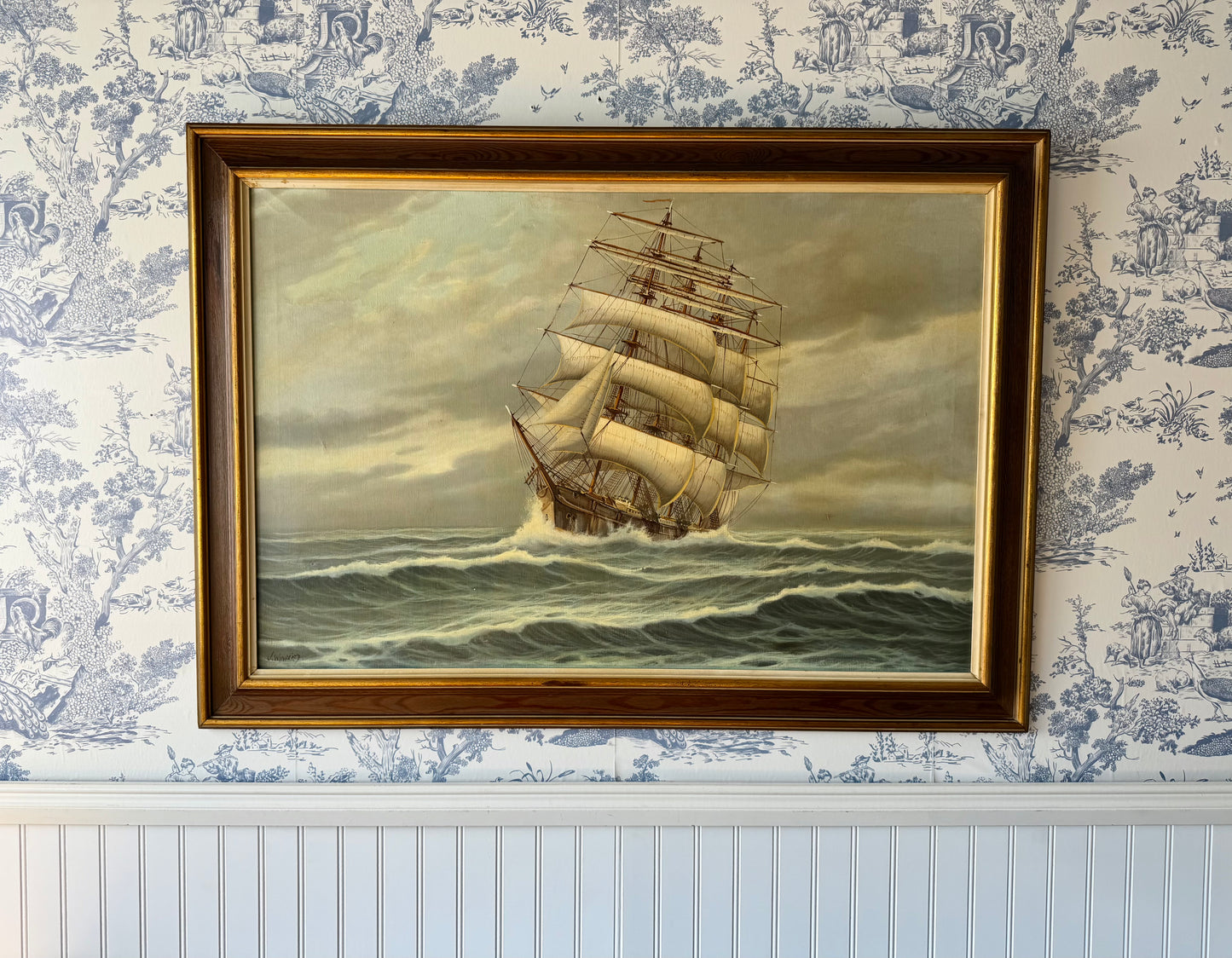Large Vintage Clipper Ship Oil Painting on Canvas — Framed Maritime Seascape, Tall Ship Wall Art Signed J. Winfried